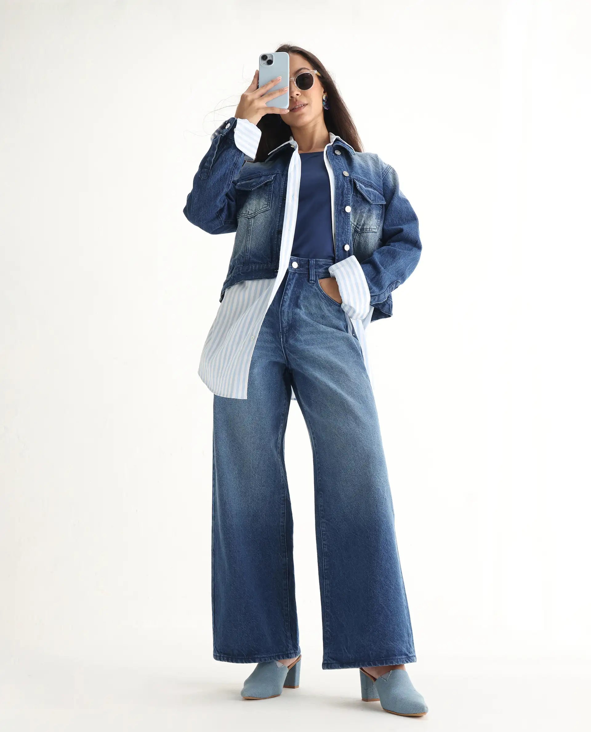 Rareism Women's Kikoi Blue Cotton Blend Plain Ankle Length Effortless Wide Jeans