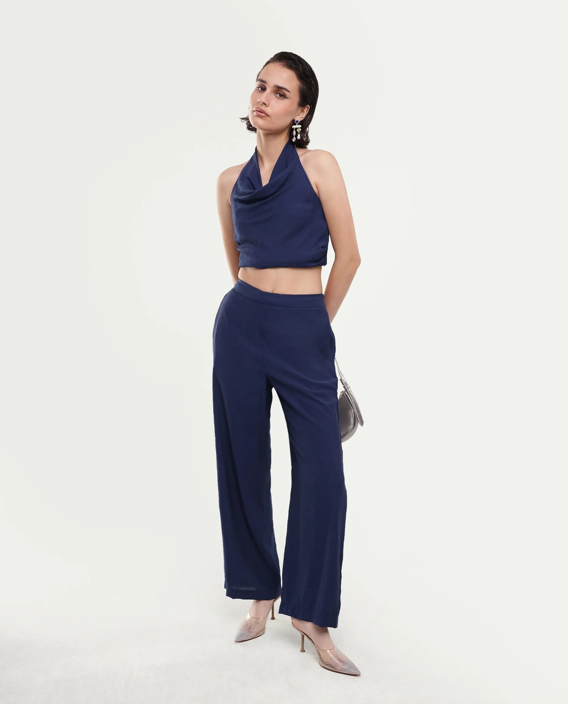 Rareism Women's Kimo-B Navy Nylon Blend Fabric Regular Plain Trouser