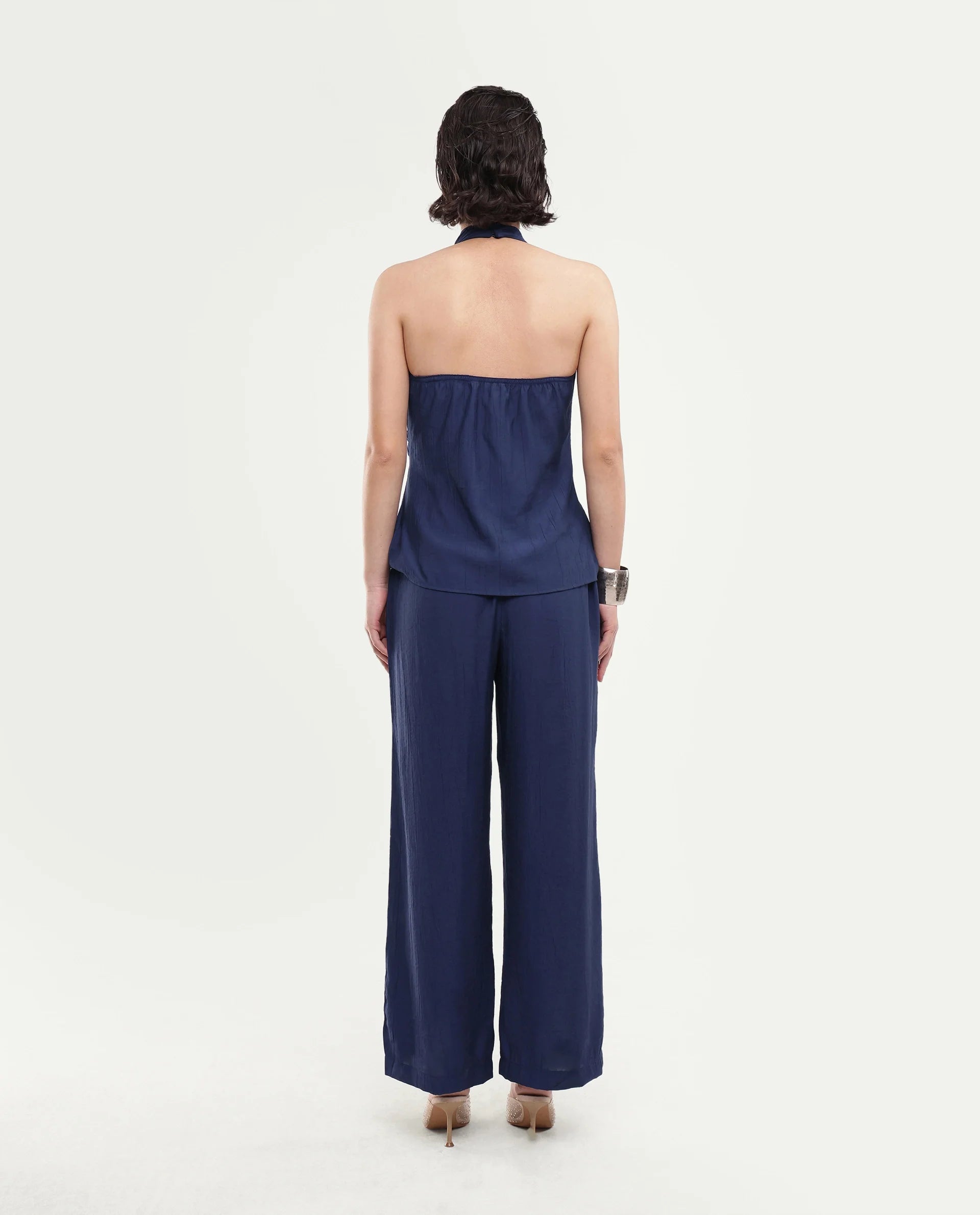 Rareism Women's Kimo-B Navy Nylon Blend Fabric Regular Plain Trouser
