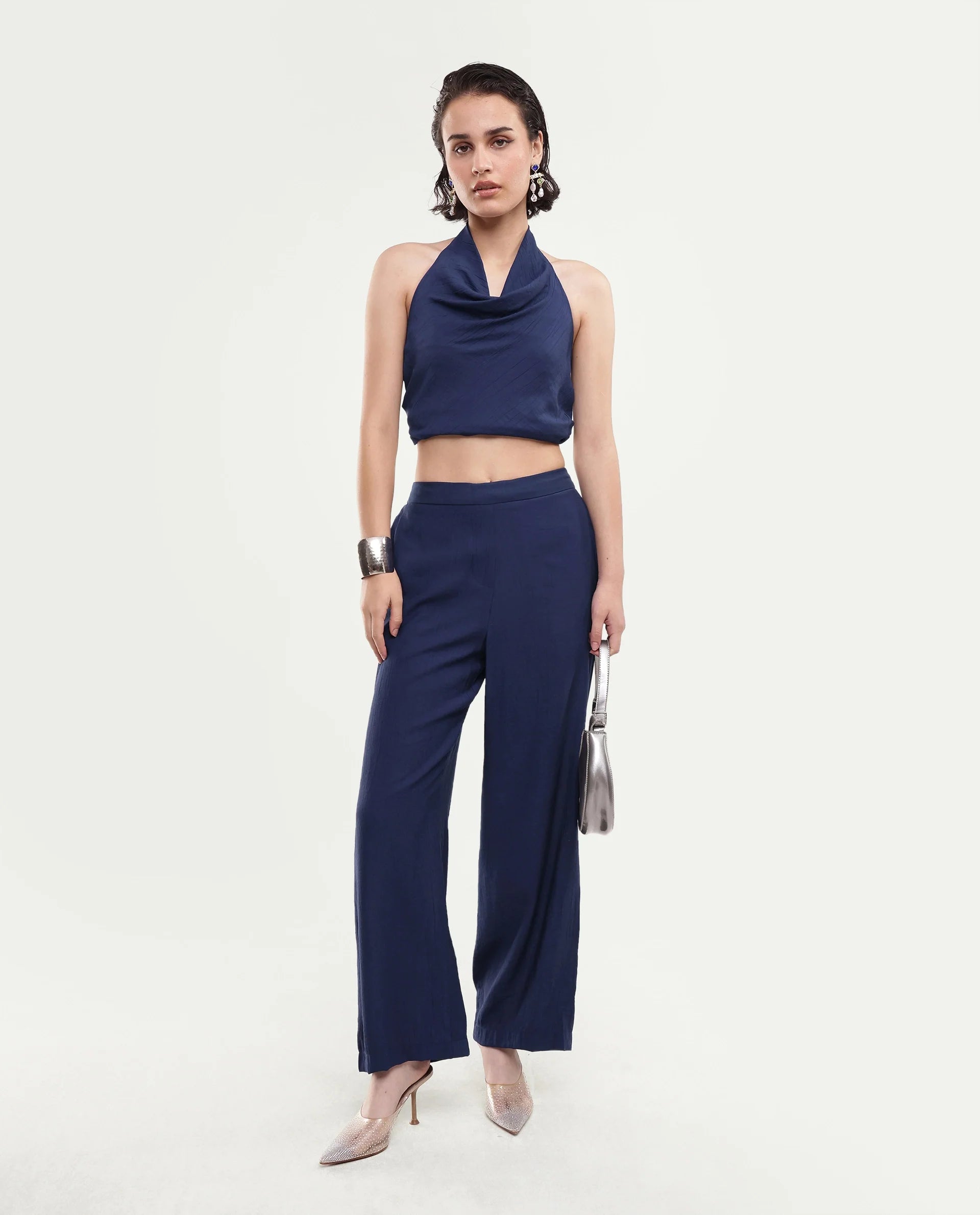 Rareism Women's Kimo-B Navy Nylon Blend Fabric Regular Plain Trouser