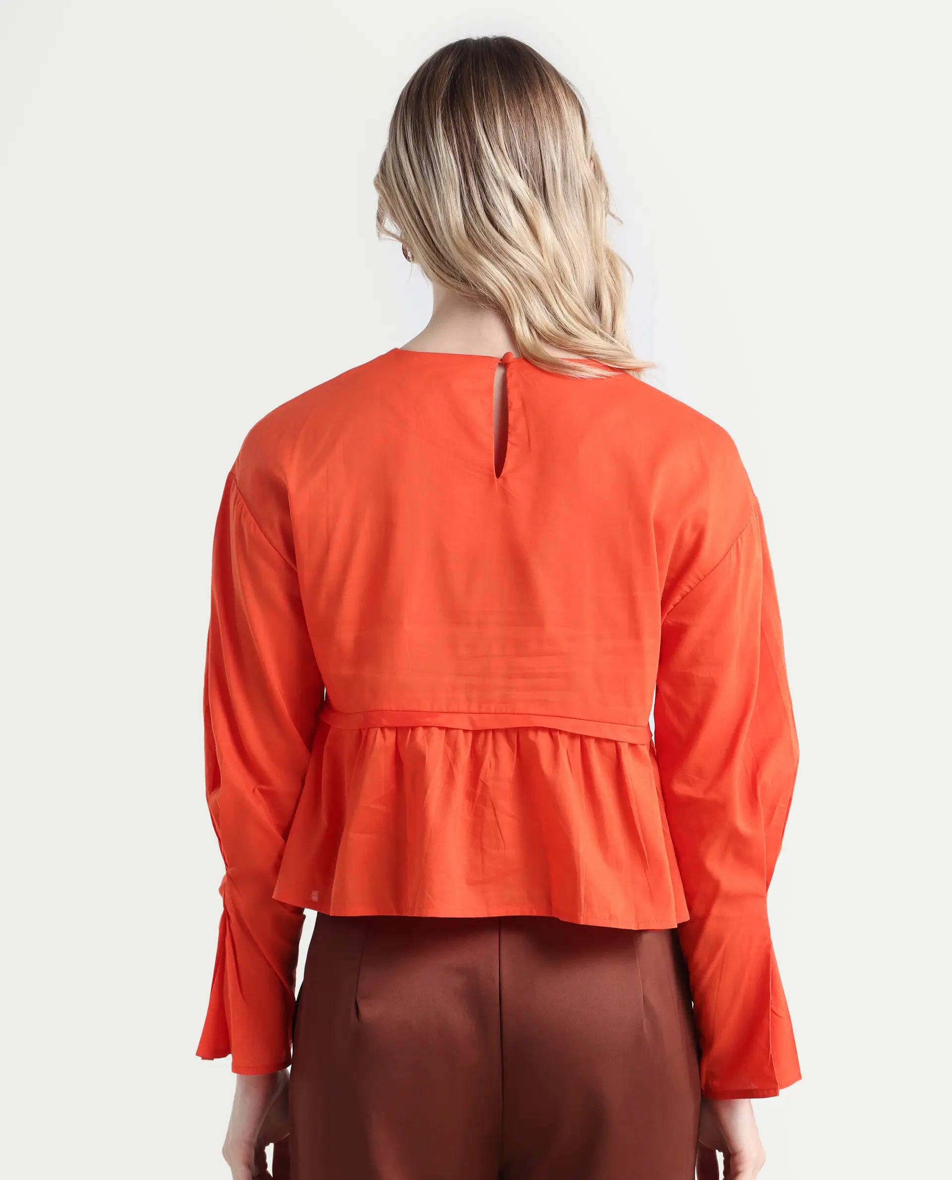 Rareism Women's Kingwell Orange Cotton Crew Neck Plain Relaxed Fit Top