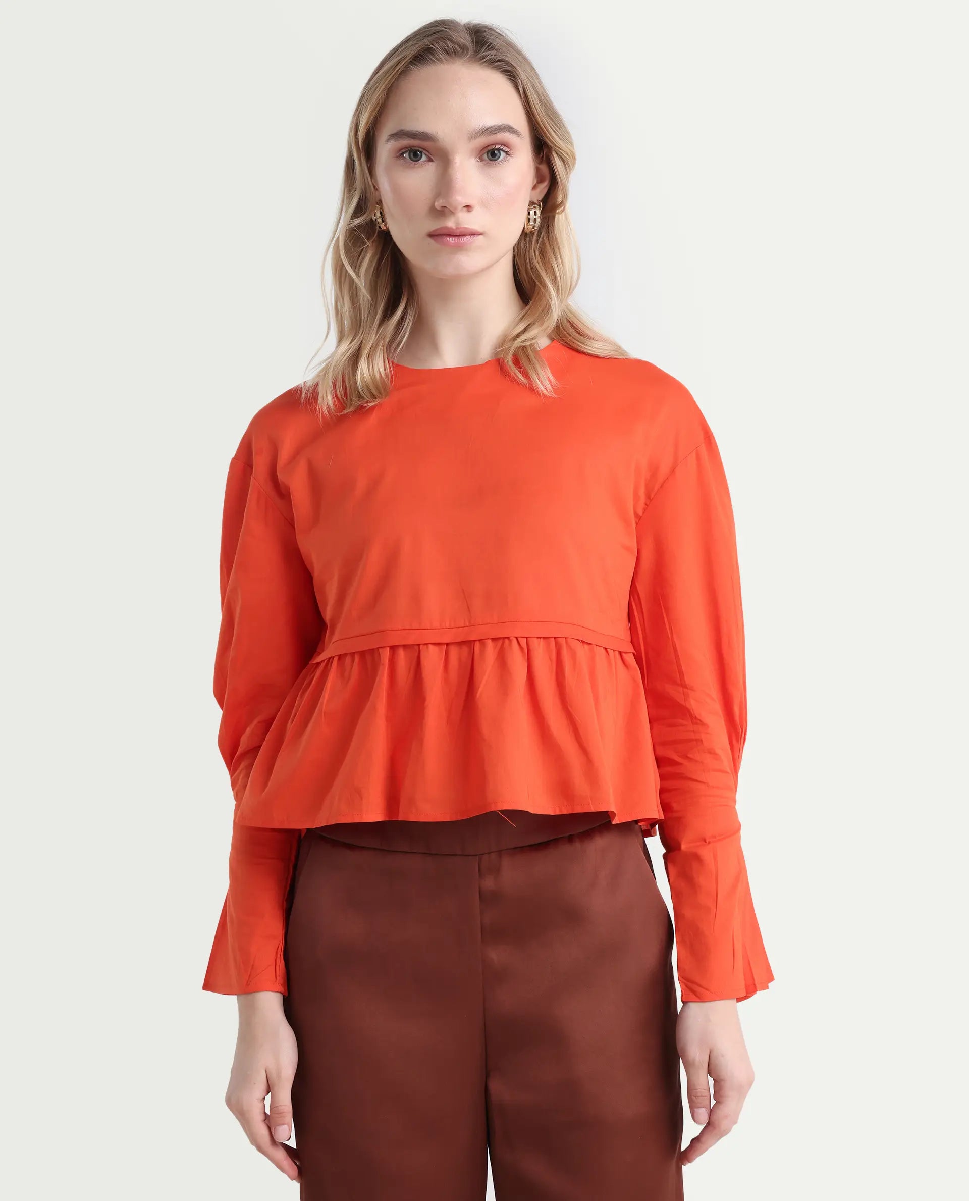 Rareism Women's Kingwell Orange Cotton Crew Neck Plain Relaxed Fit Top