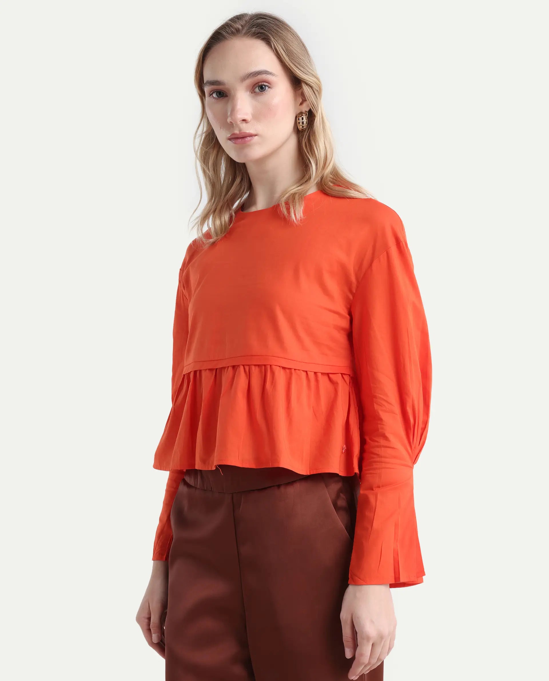 Rareism Women's Kingwell Orange Cotton Crew Neck Plain Relaxed Fit Top