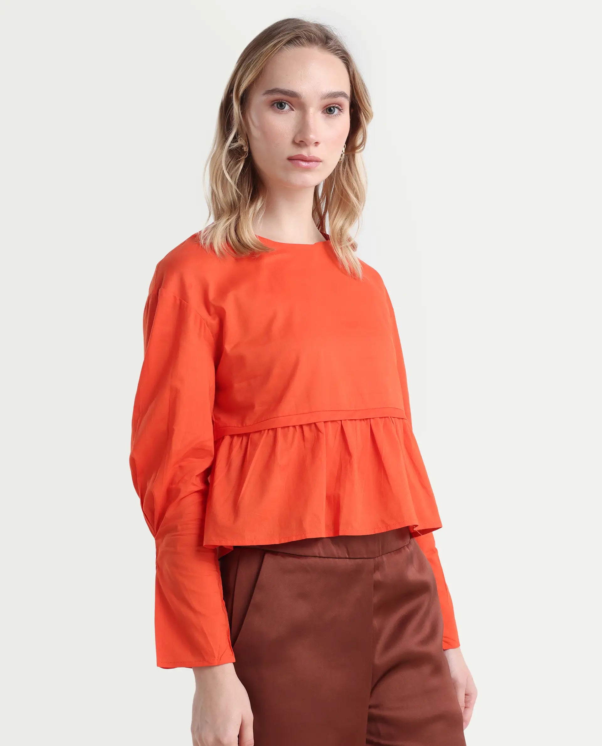 Rareism Women's Kingwell Orange Cotton Crew Neck Plain Relaxed Fit Top