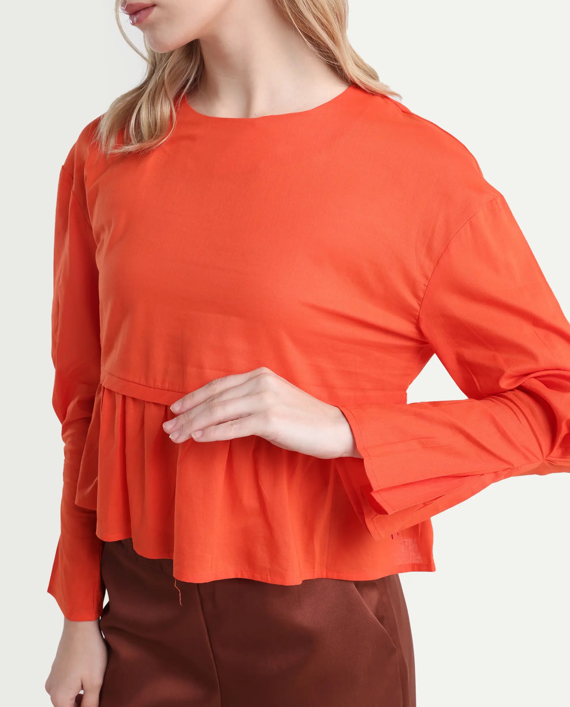 Rareism Women's Kingwell Orange Cotton Crew Neck Plain Relaxed Fit Top
