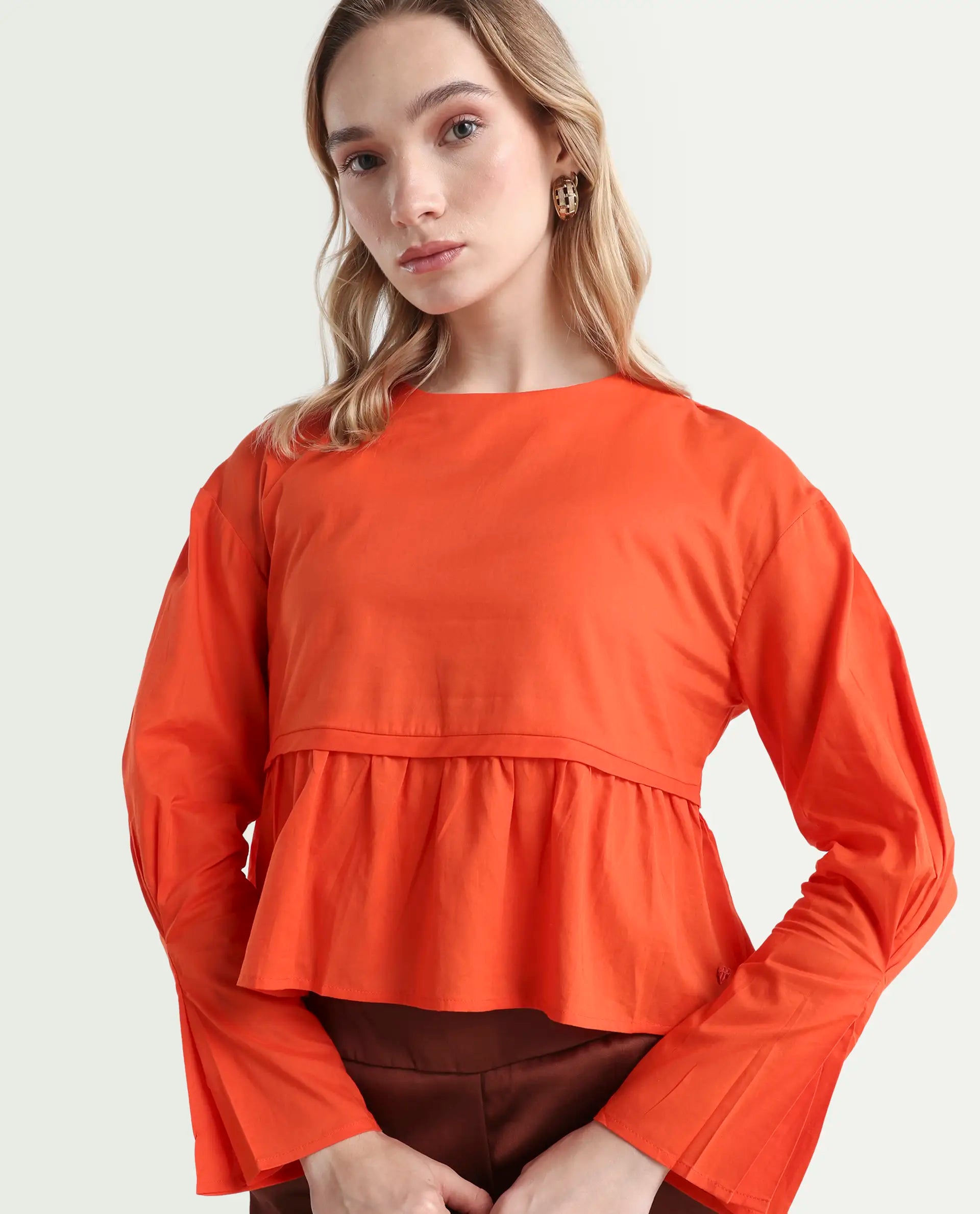 Rareism Women's Kingwell Orange Cotton Crew Neck Plain Relaxed Fit Top