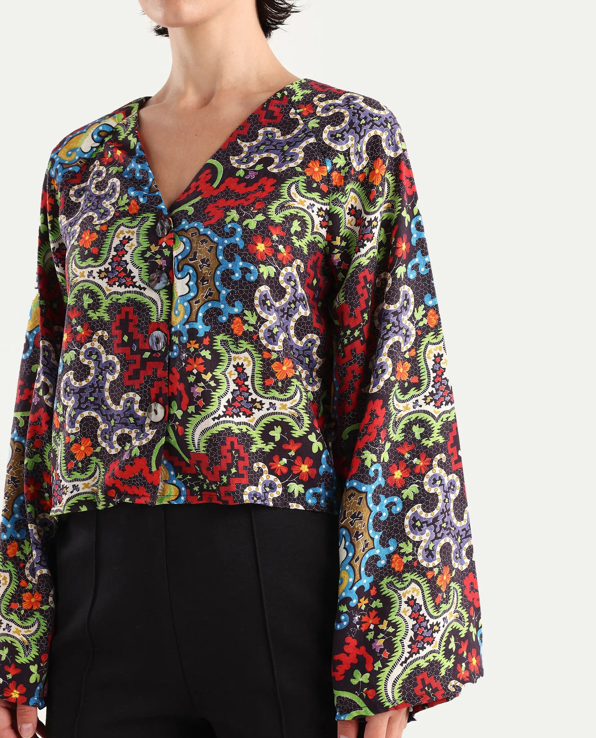 Rareism Women's Kinil Dark Multi Polyester V-Neck Abstract Print Raglan Sleeve Regular Fit Top