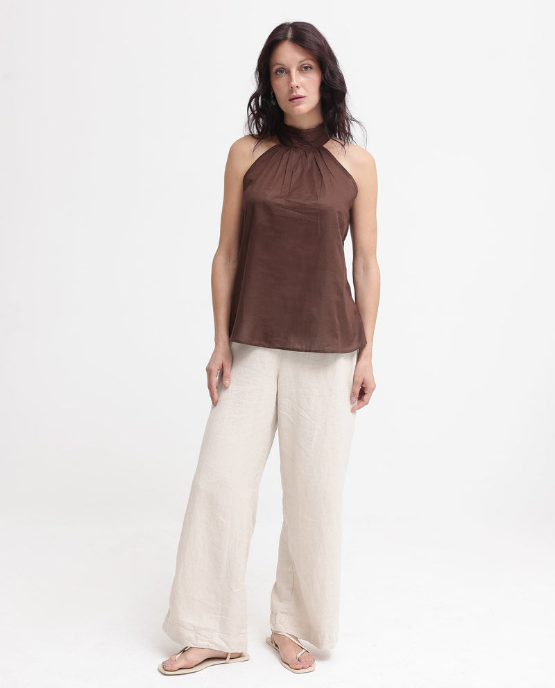 Rareism Womens Kirara Brown Halter Neck Plain and Solid Top