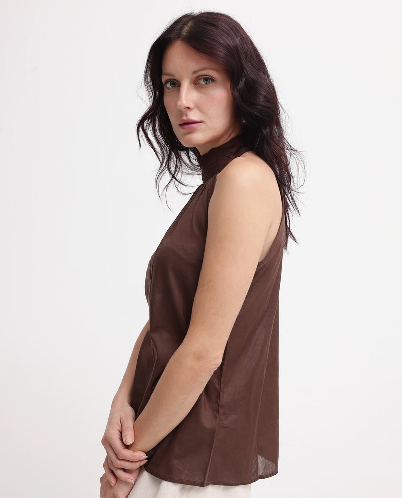 Rareism Womens Kirara Brown Halter Neck Plain and Solid Top