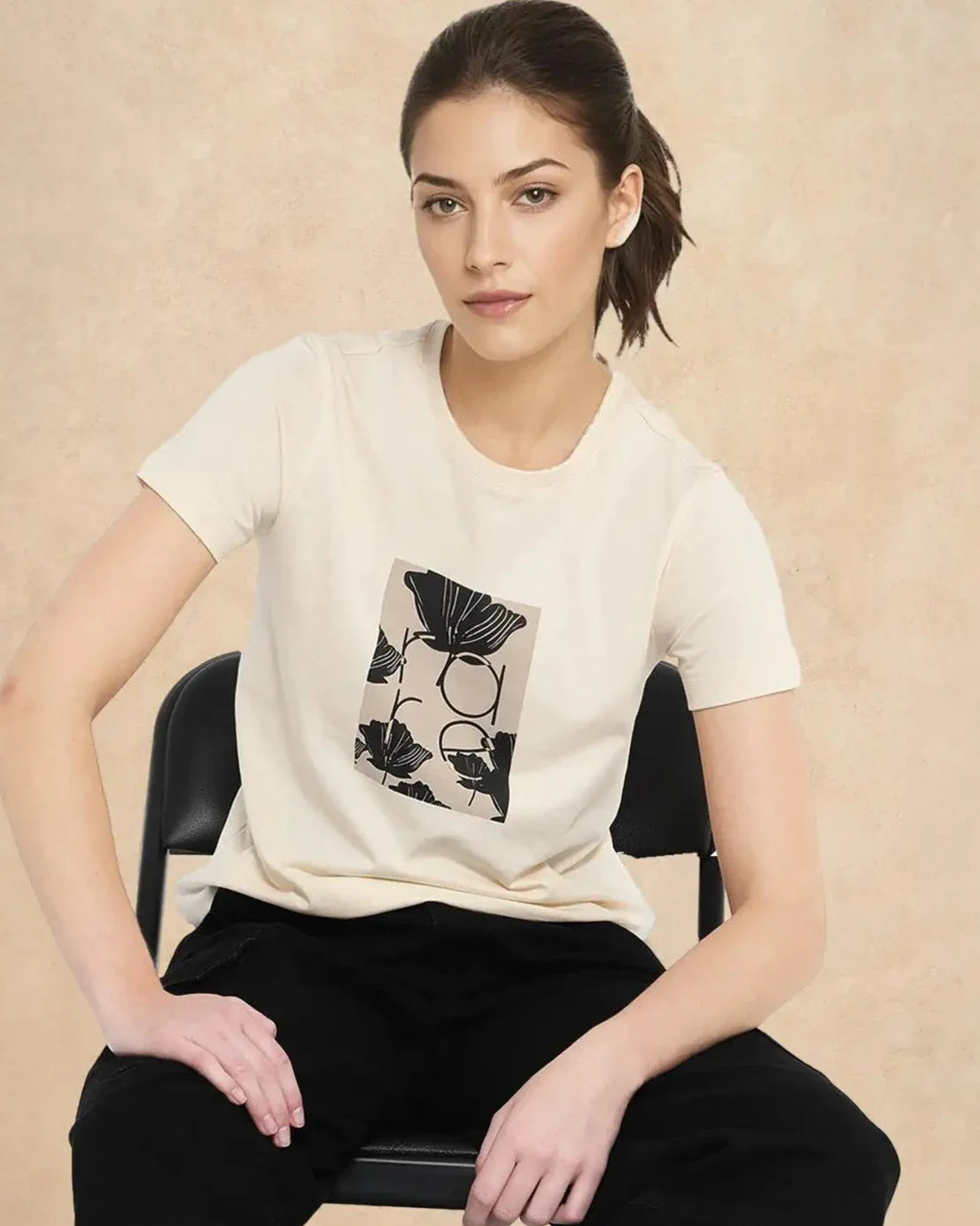 Rareism Women's Kirk Light Beige Cotton Blend Crew Neck Graphic Print Regular Fit T-Shirt