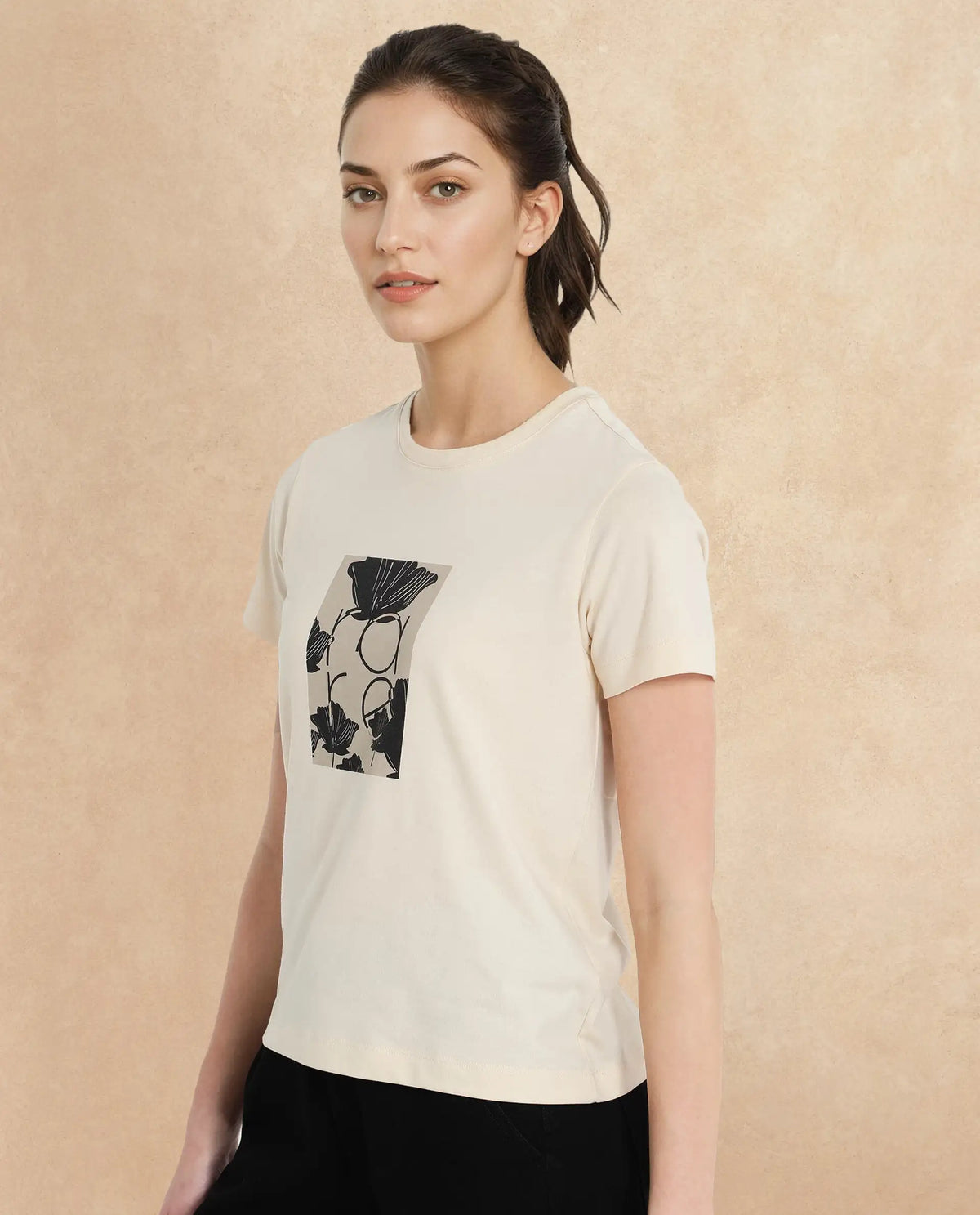 Rareism Women Kirk Light Beige Cotton Poly Fabric Short Sleeve Crew Neck Solid T-Shirt
