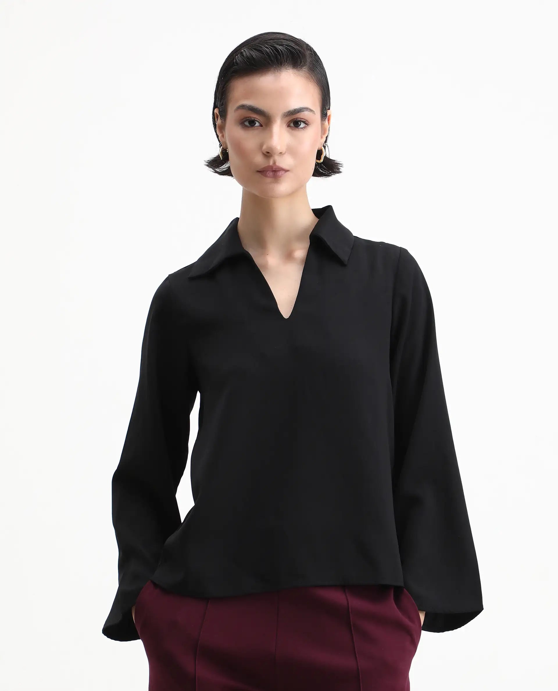 Rareism Women's Klamma Black Satin Johnny Collar Plain Regular Fit Top