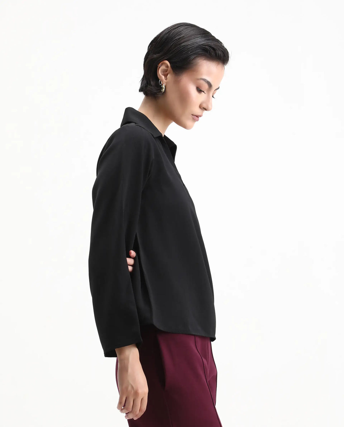 Rareism Women's Klamma Black Satin Johnny Collar Plain Regular Fit Top