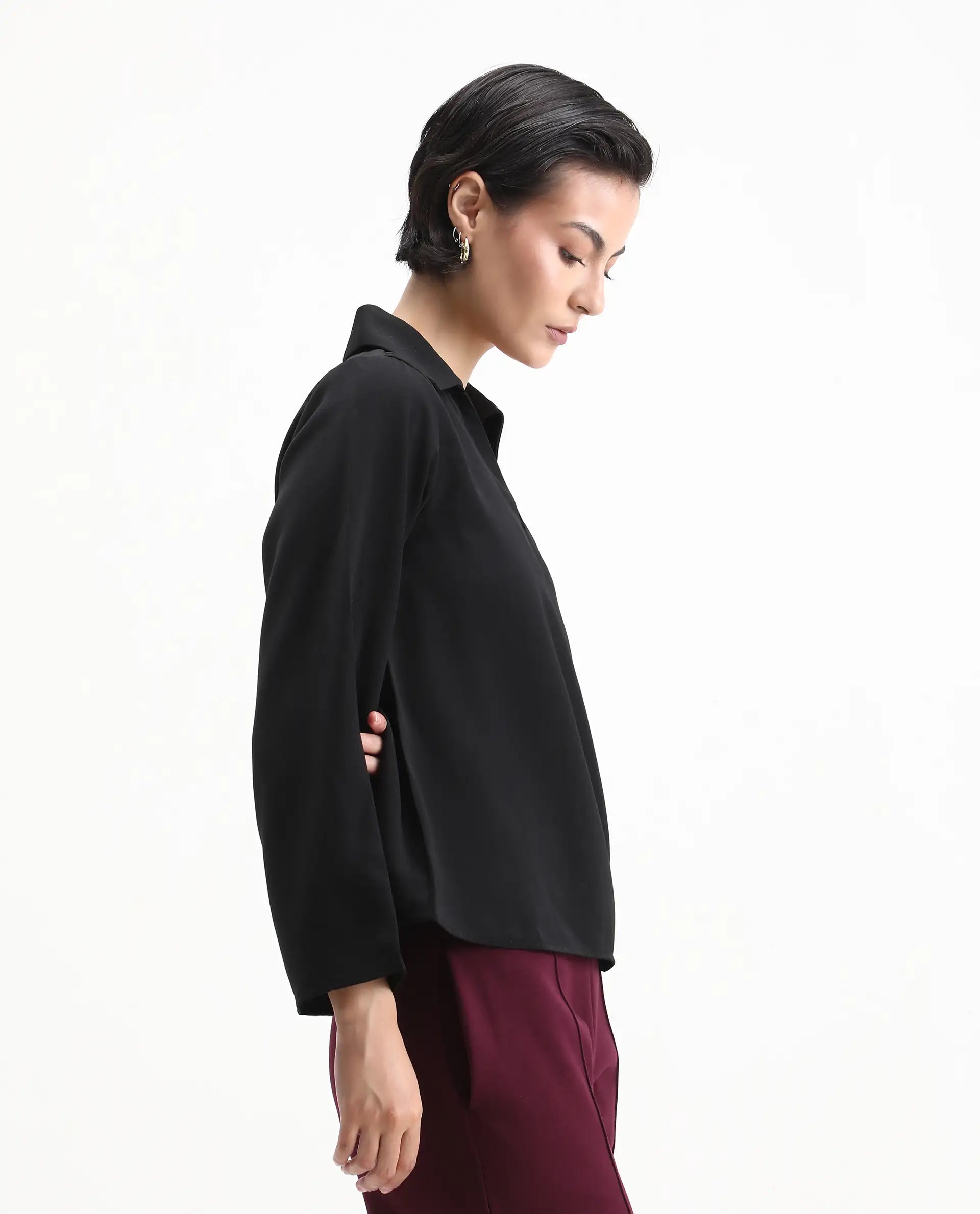 Rareism Women's Klamma Black Satin Johnny Collar Plain Regular Fit Top