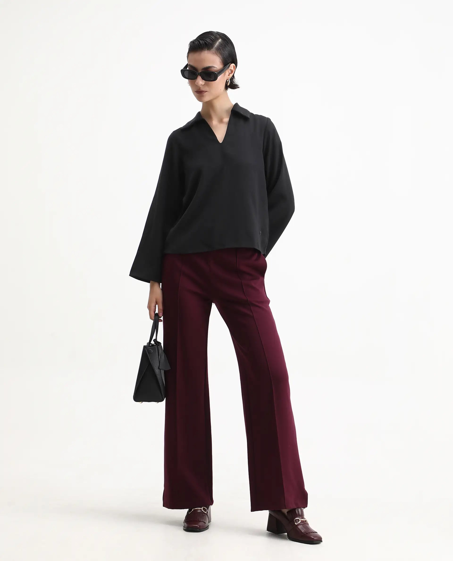 Rareism Women's Klamma Black Satin Johnny Collar Plain Regular Fit Top