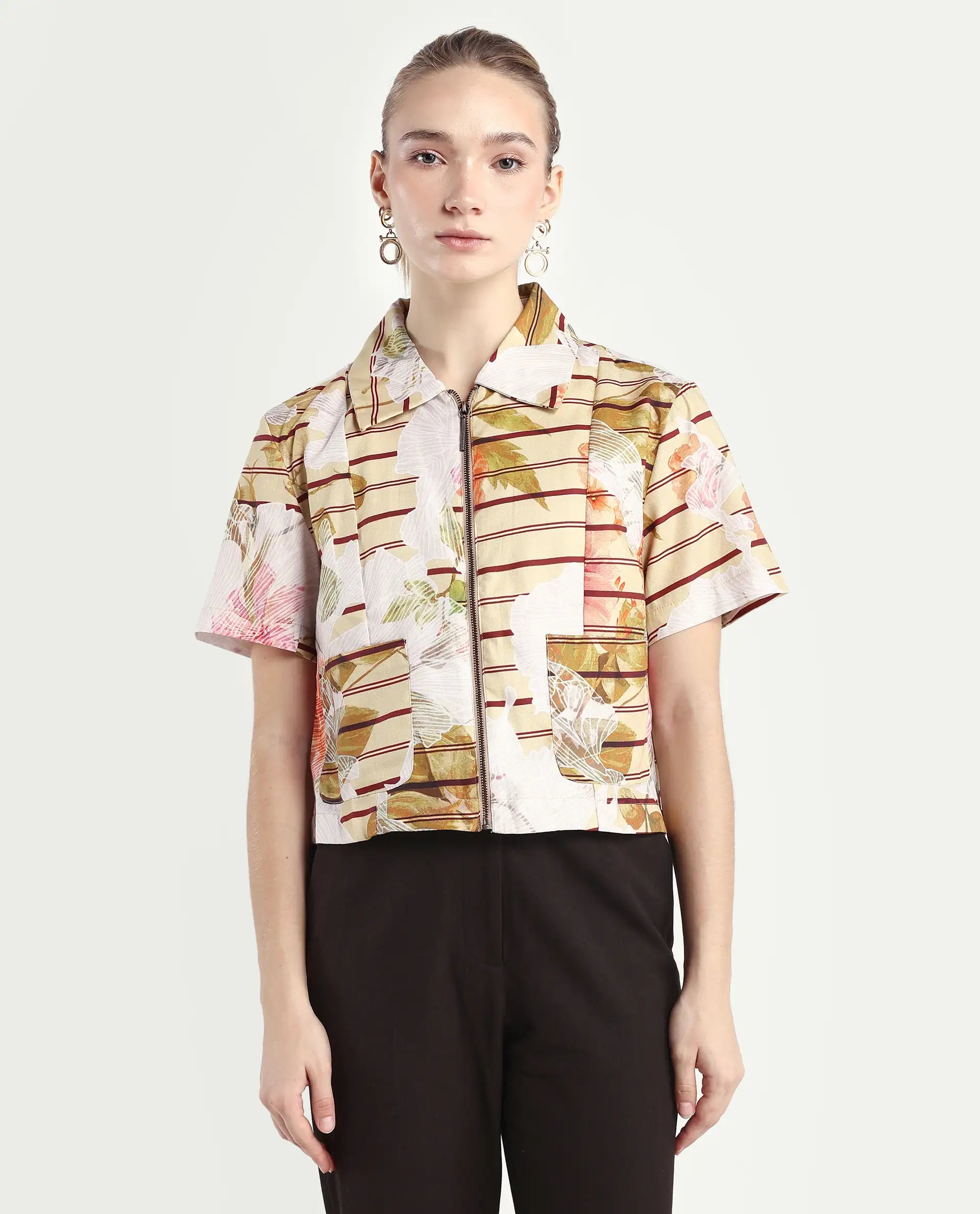 Rareism Women's Klapan Multi Viscose Blend Drop Collar Floral Print Crop Regular Fit Top