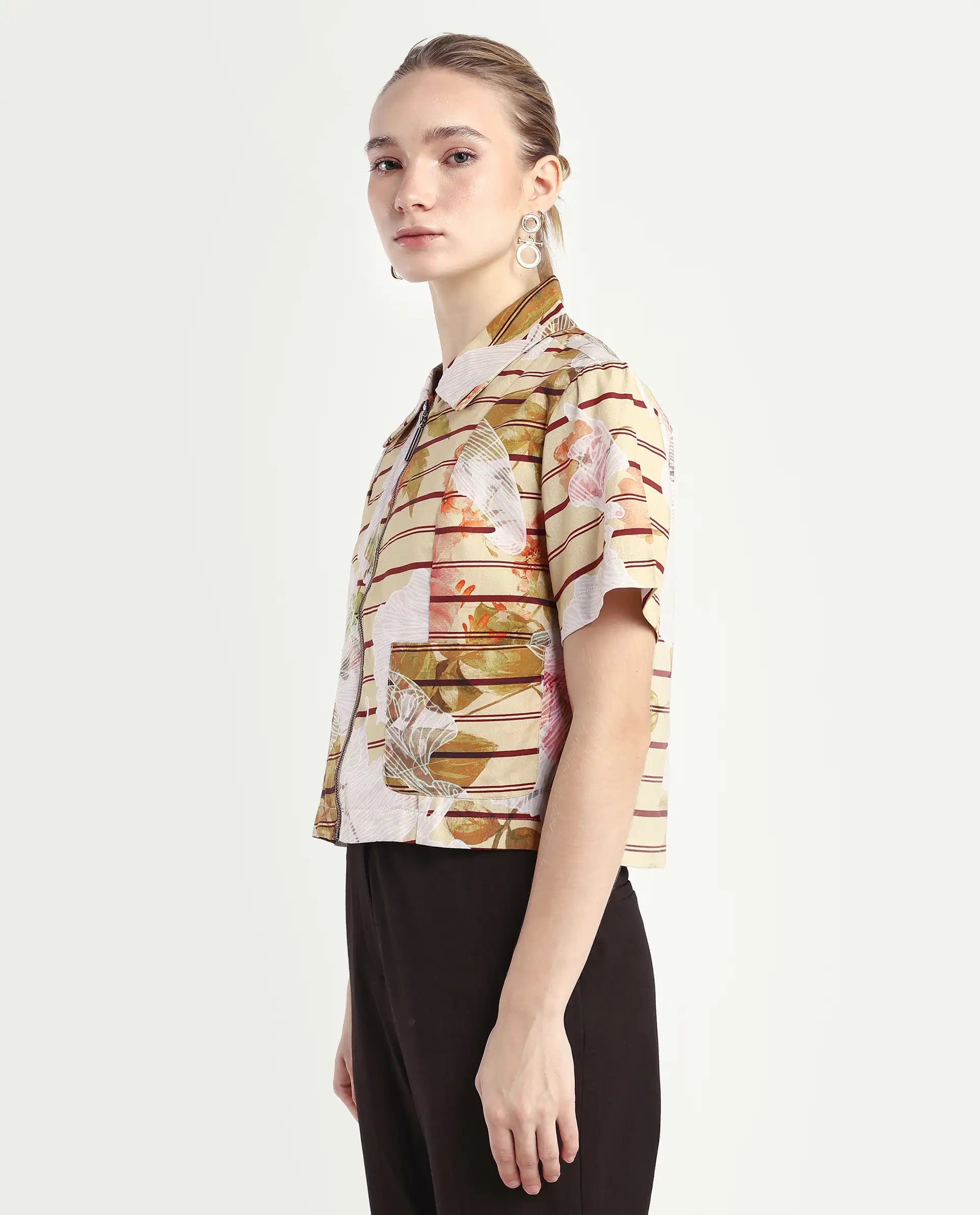Rareism Women's Klapan Multi Viscose Blend Drop Collar Floral Print Crop Regular Fit Top
