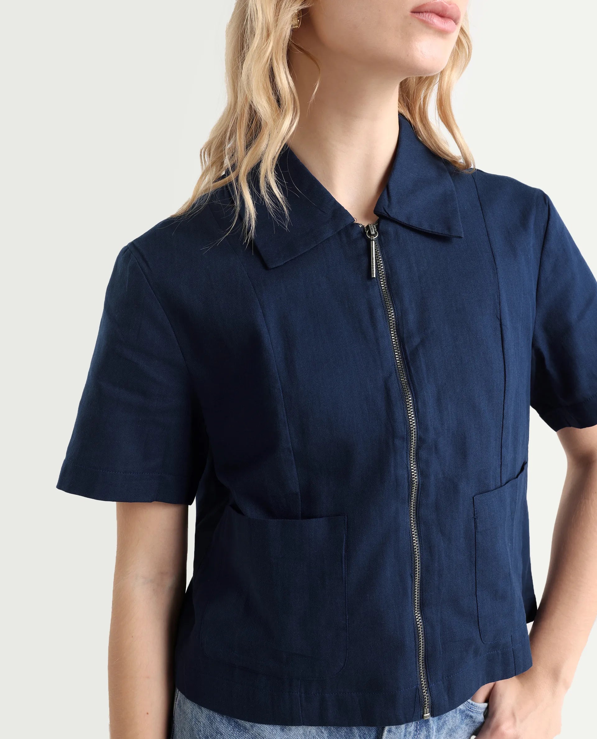 Rareism Women's Klappy Navy Viscose Blend Drop Collar Plain Crop Regular Fit Top