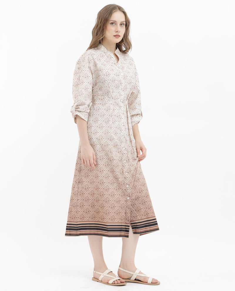 Rareism Women Klee Beige Cotton Fabric 3/4Th Sleeves Button Closure Mandarin Collar Rolled Up Sleeves Regular Fit Monogram Midi Dress