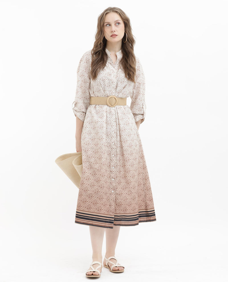 Rareism Women Klee Beige Cotton Fabric 3/4Th Sleeves Button Closure Mandarin Collar Rolled Up Sleeves Regular Fit Monogram Midi Dress