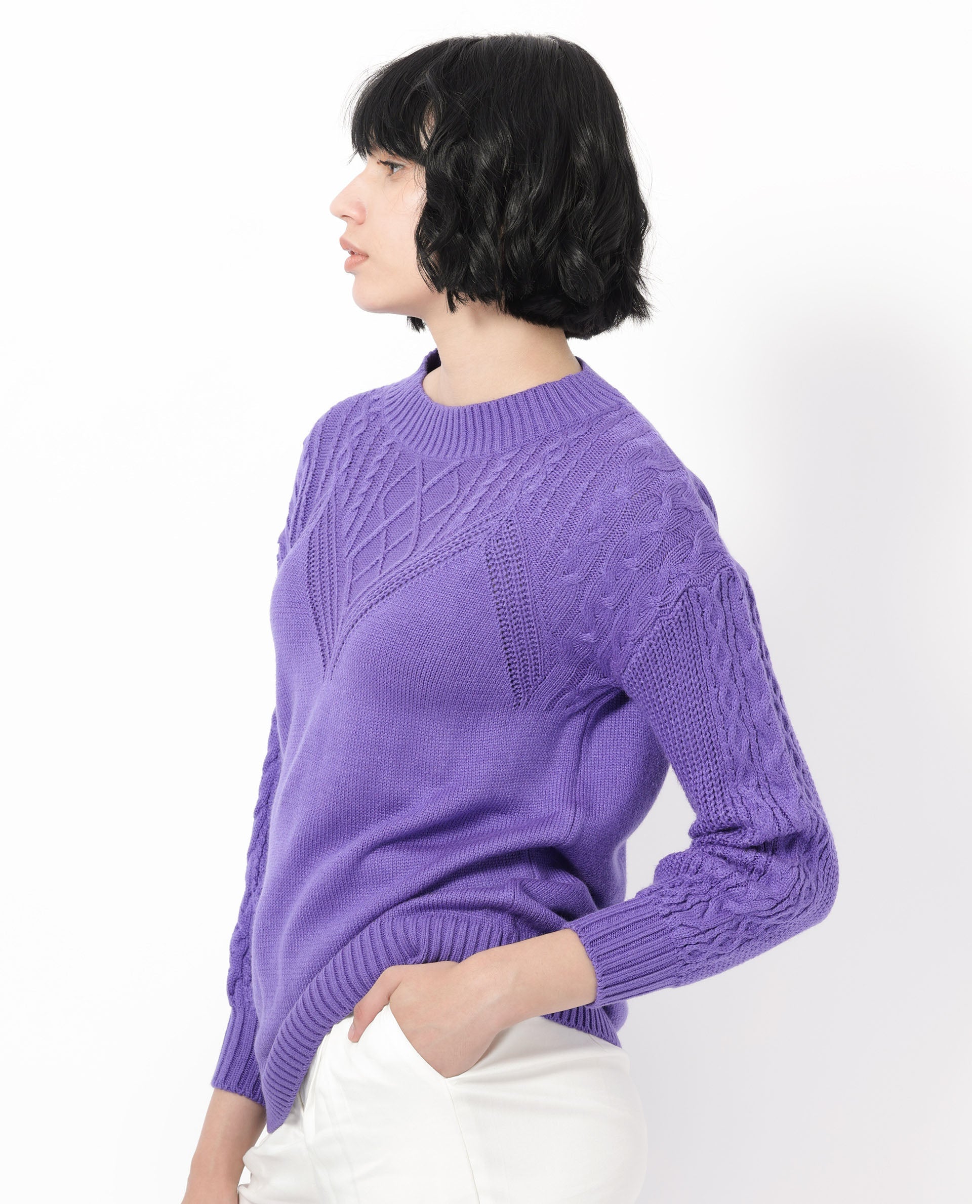 Rareism Women's Klein Purple Acrylic Crew Neck Plain Regular Fit Sweater