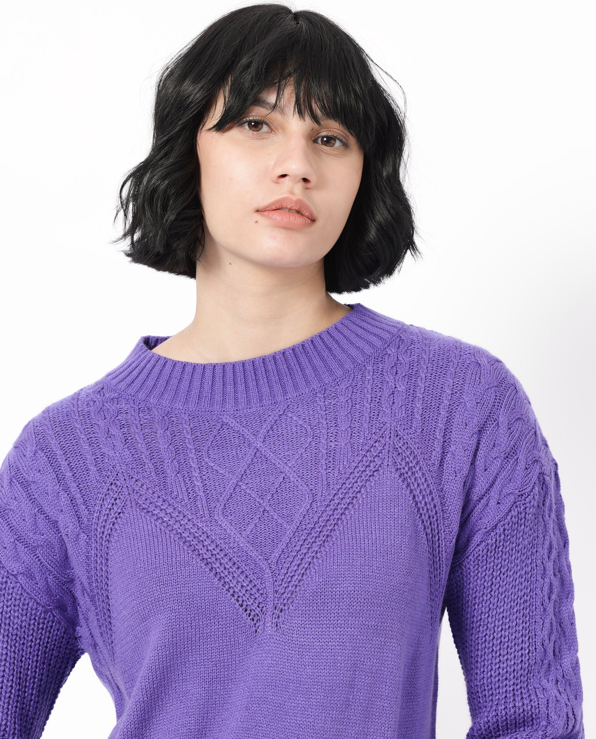 Rareism Women's Klein Purple Acrylic Crew Neck Plain Regular Fit Sweater