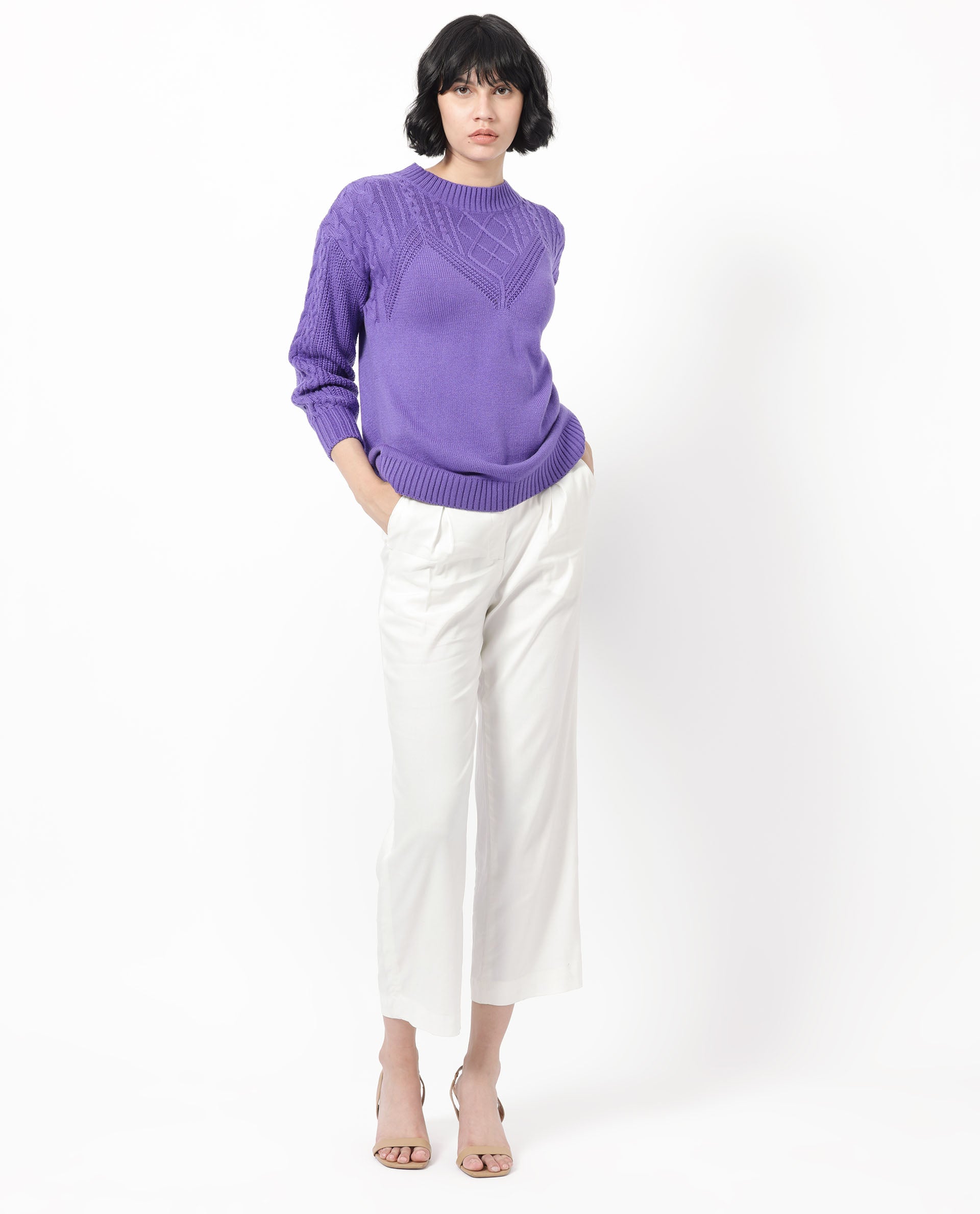 Rareism Women's Klein Purple Acrylic Crew Neck Plain Regular Fit Sweater