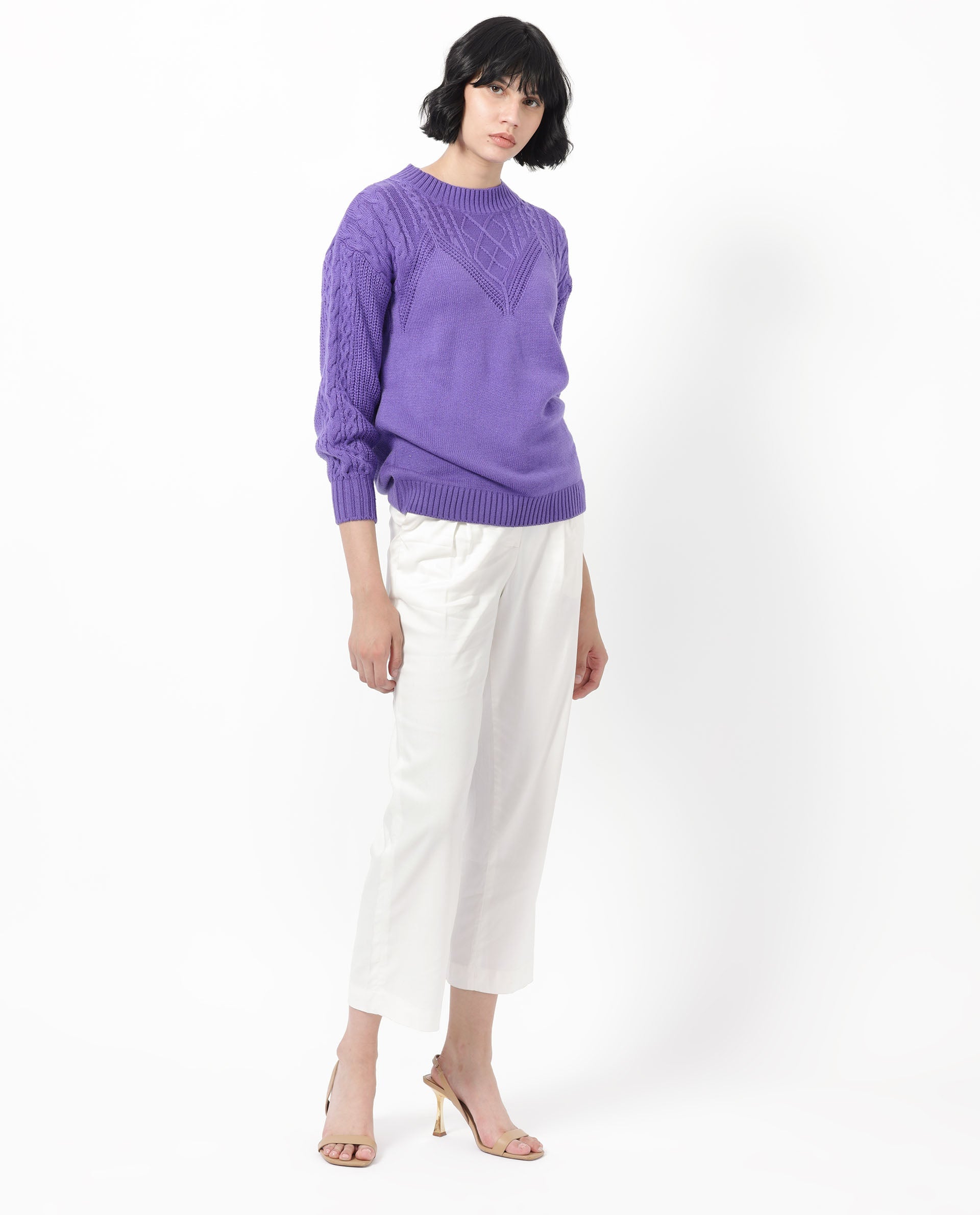 Rareism Women's Klein Purple Acrylic Crew Neck Plain Regular Fit Sweater