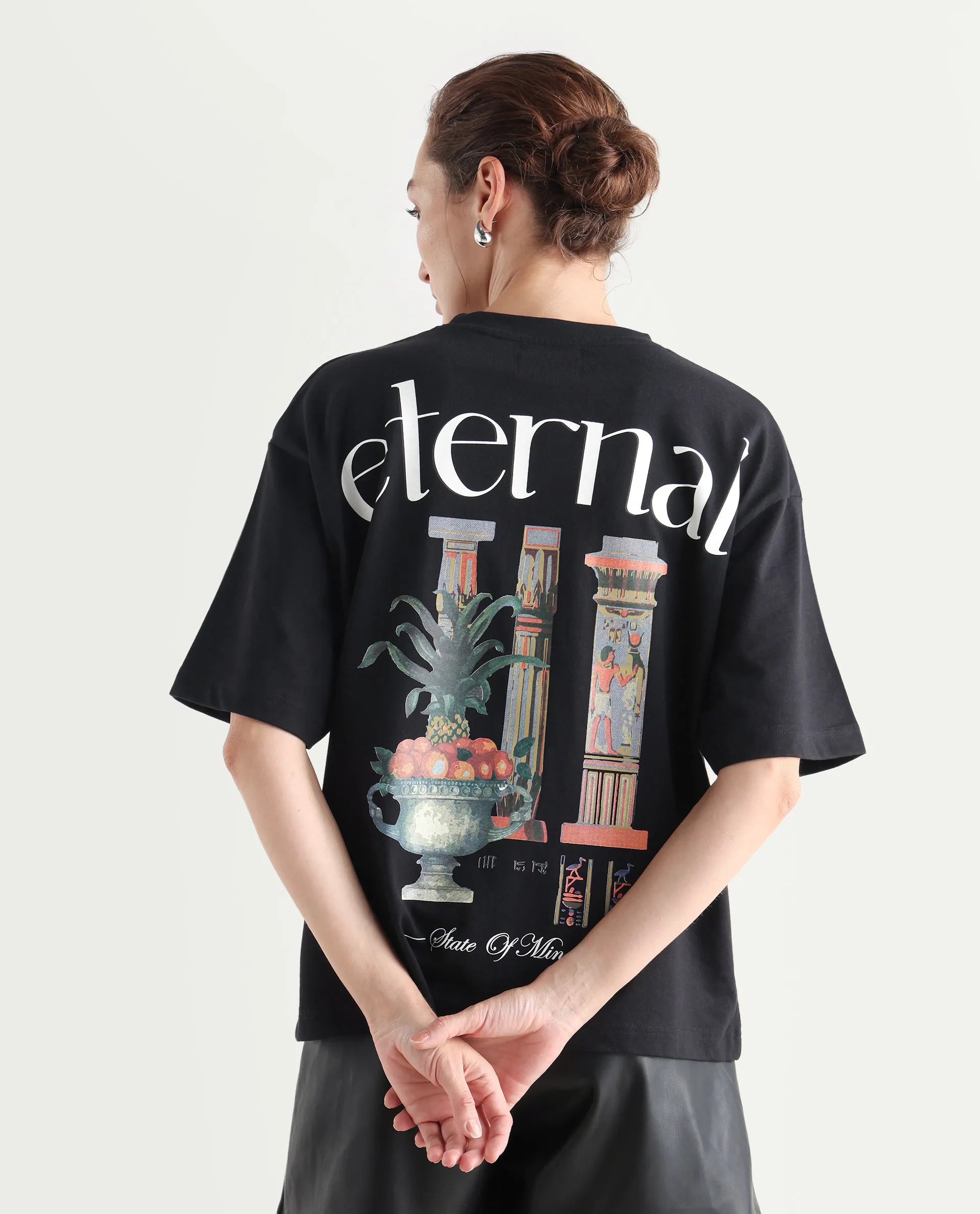 Rareism Women's Klend Black Cotton Graphic Print Oversized T-Shirt