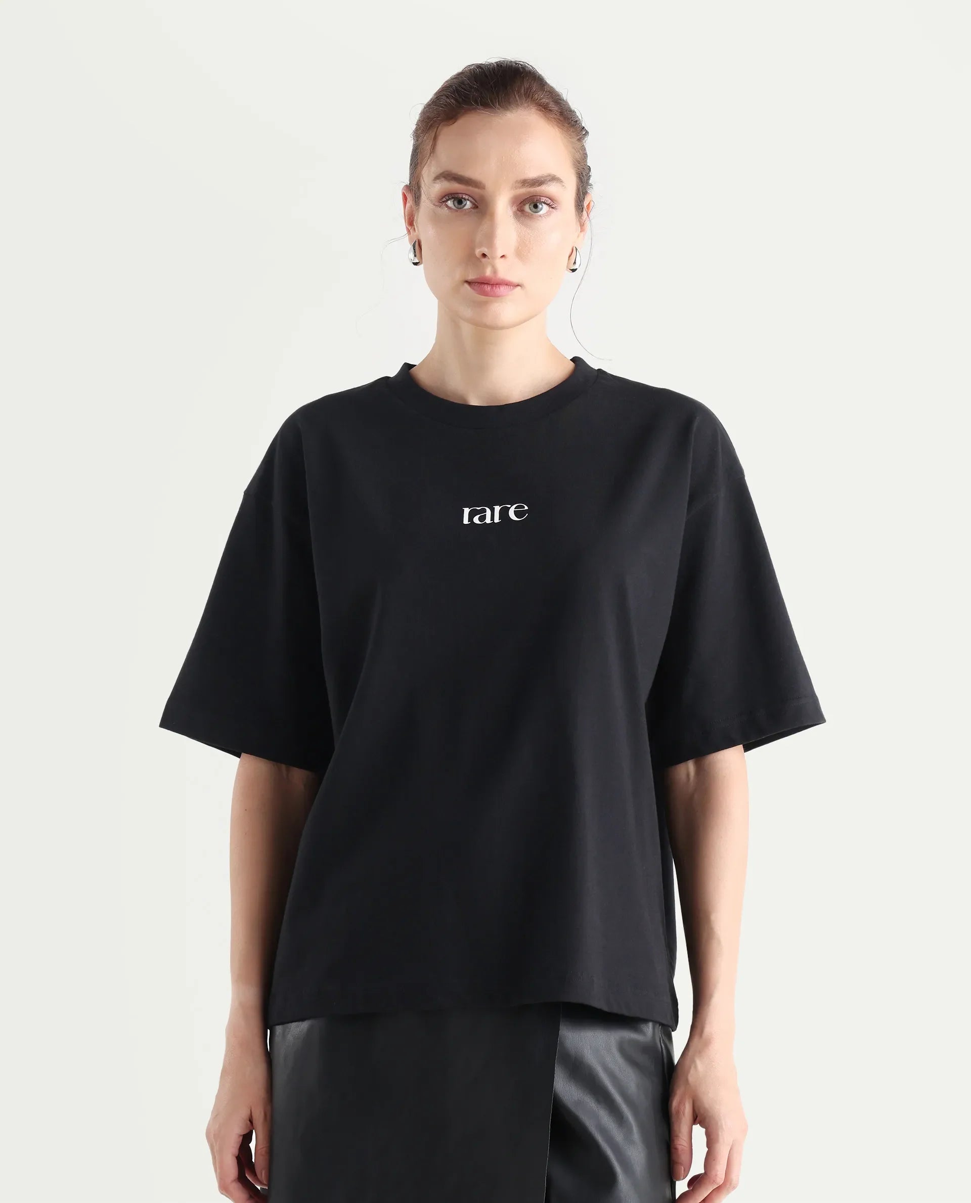 Rareism Women's Klend Black Cotton Graphic Print Oversized T-Shirt