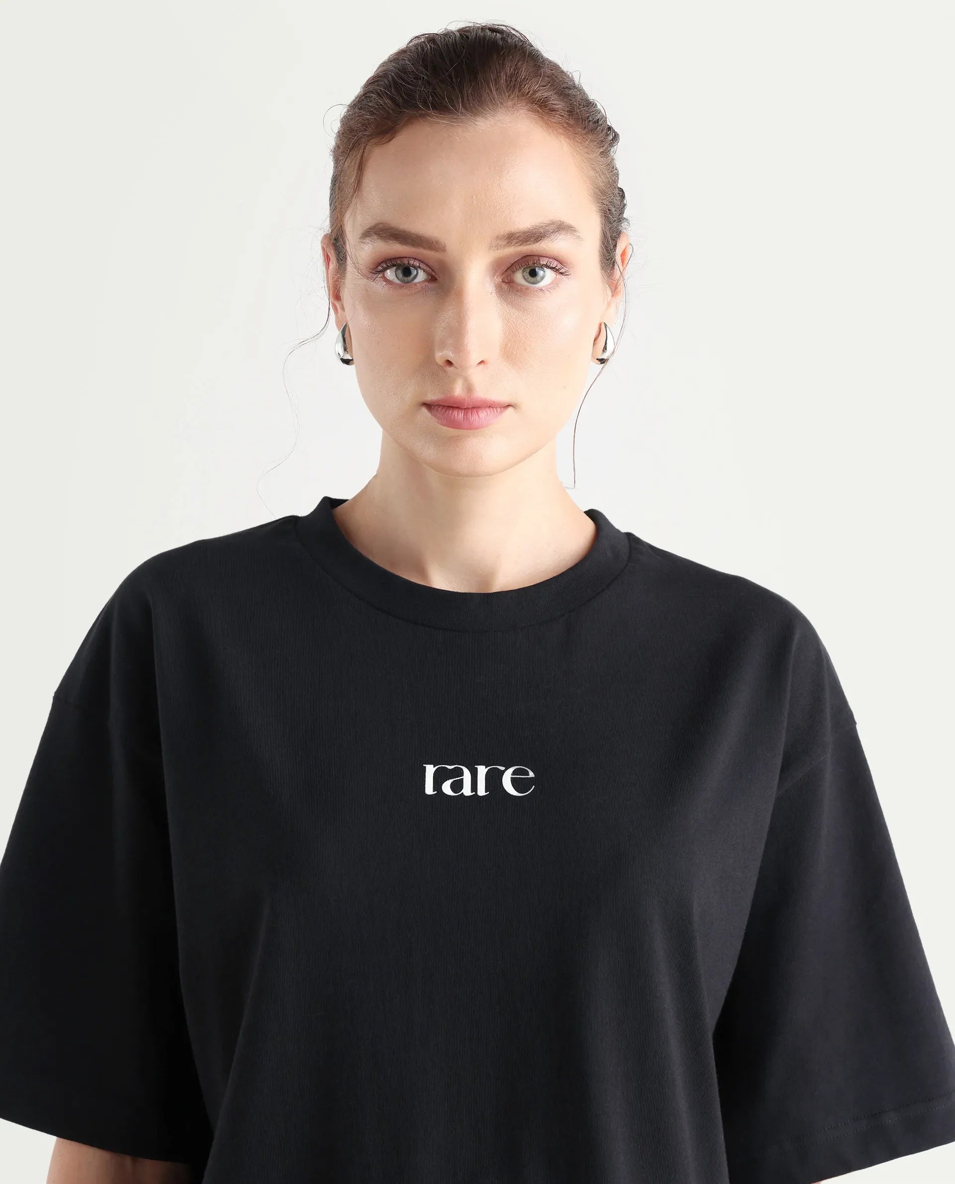 Rareism Women's Klend Black Cotton Graphic Print Oversized T-Shirt