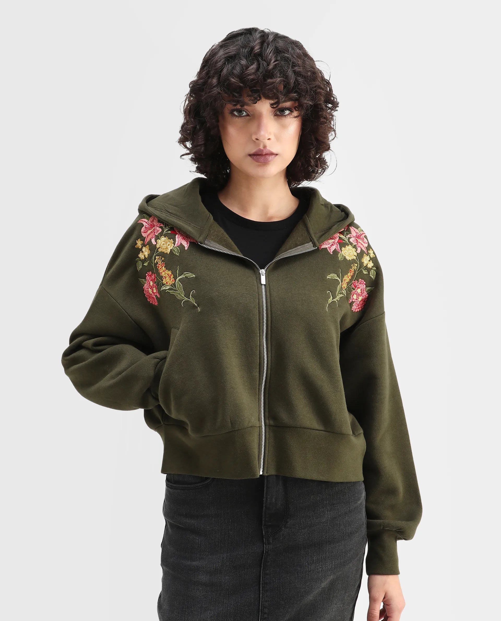 Rareism Women's Klio Dark Olive Cotton Blend Hooded Oversize Fit Printed Sweatshirt