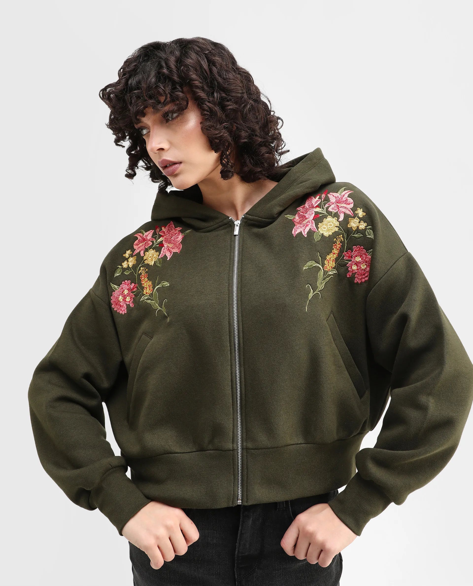 Rareism Women's Klio Dark Olive Cotton Blend Hooded Oversize Fit Printed Sweatshirt