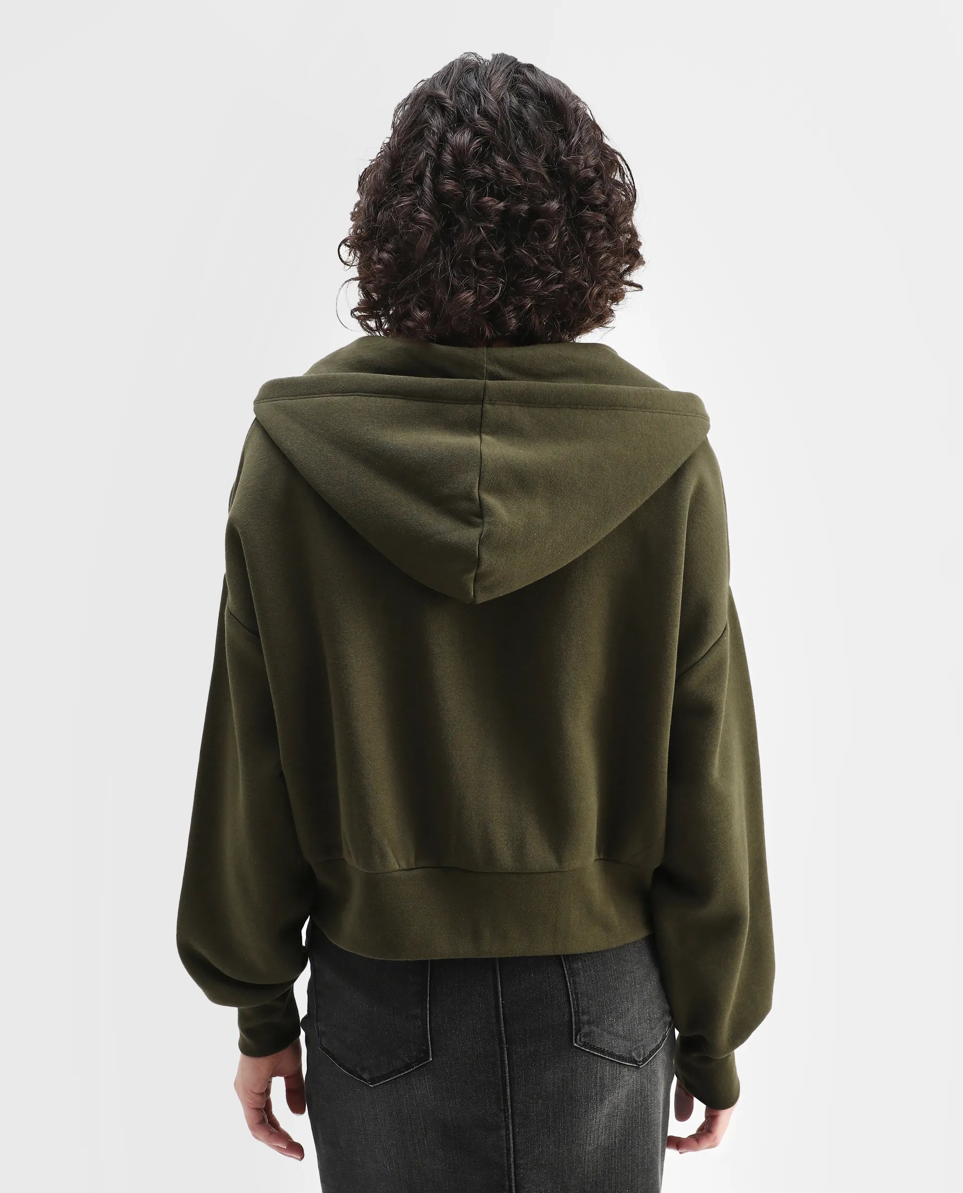 Rareism Women's Klio Dark Olive Cotton Blend Hooded Oversize Fit Printed Sweatshirt