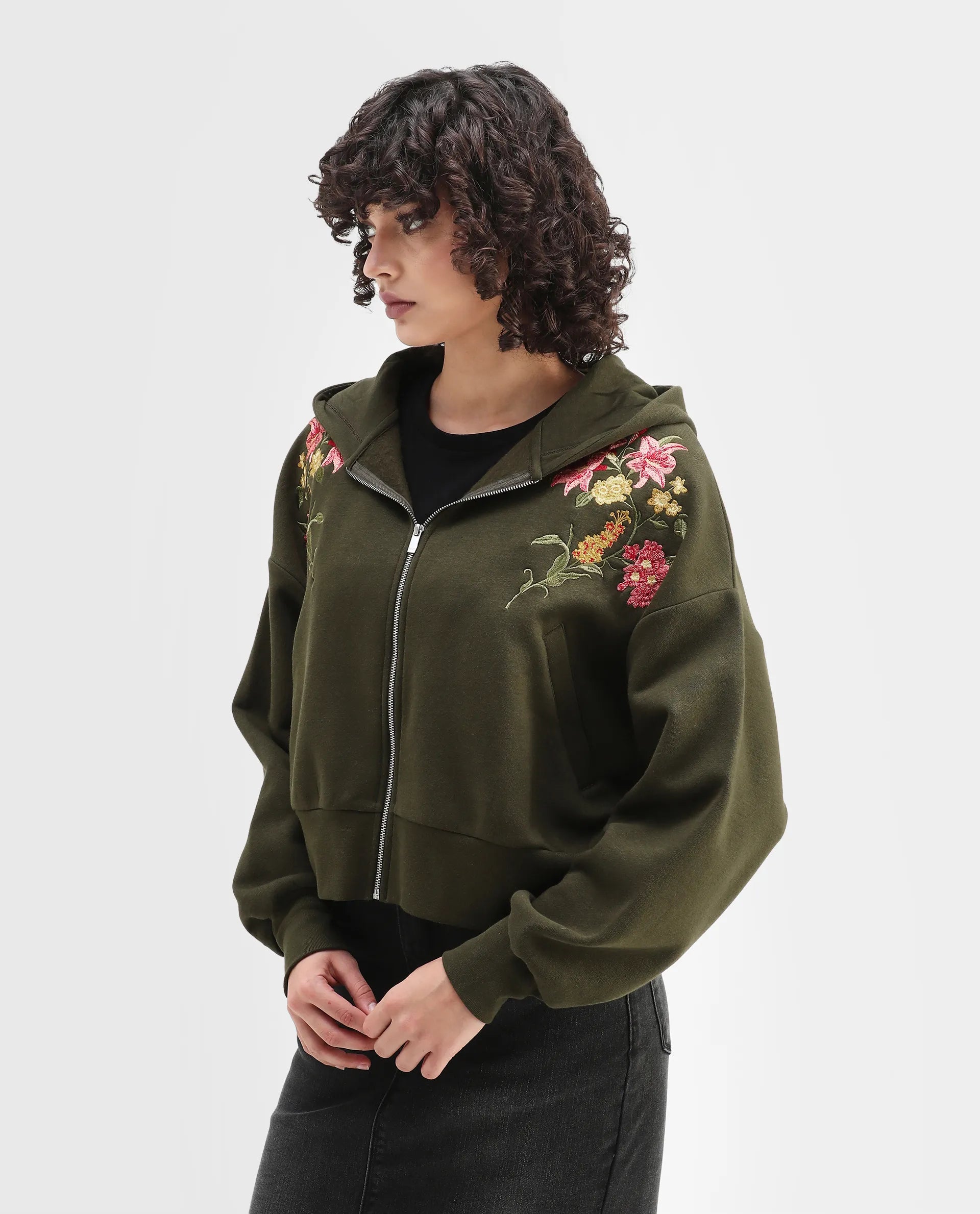 Rareism Women's Klio Dark Olive Cotton Blend Hooded Oversize Fit Printed Sweatshirt