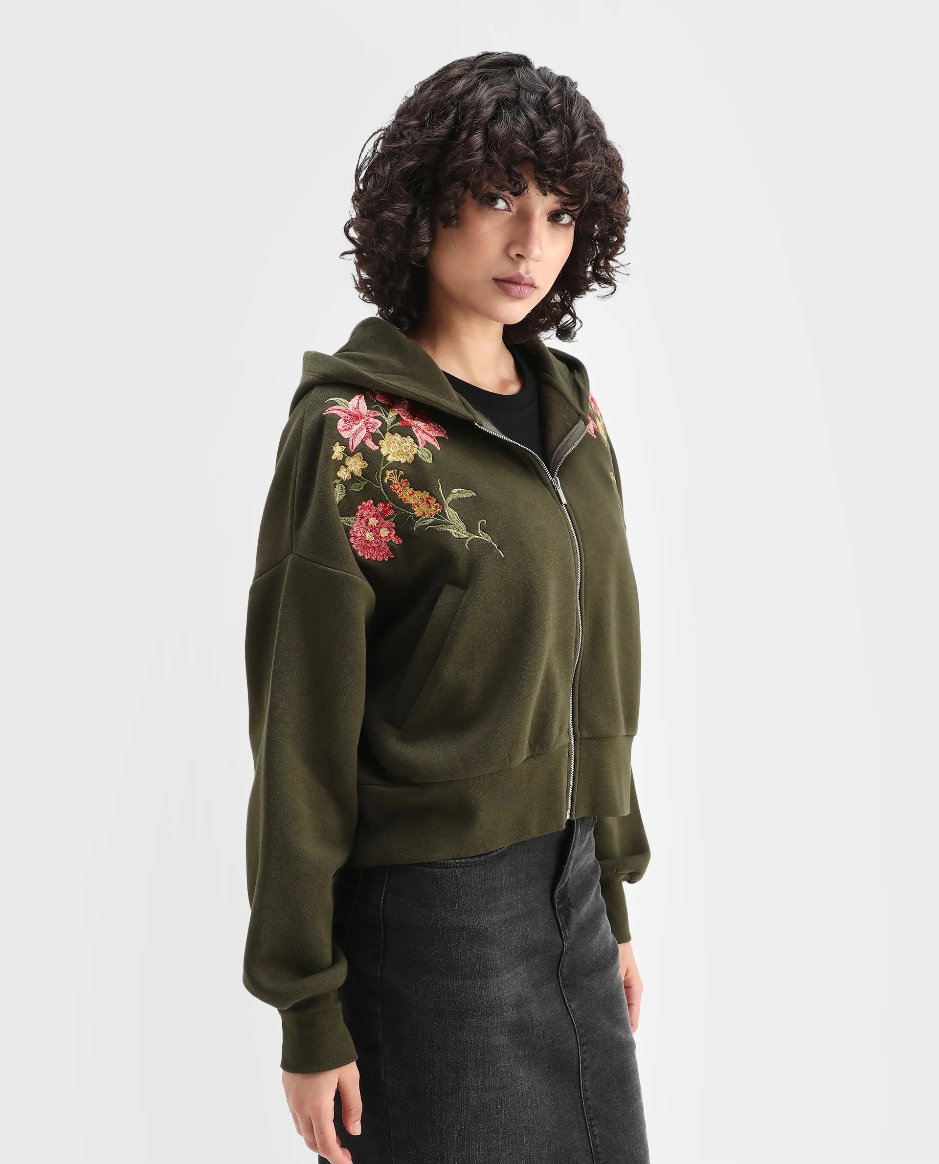 Rareism Women's Klio Dark Olive Cotton Blend Hooded Oversize Fit Printed Sweatshirt