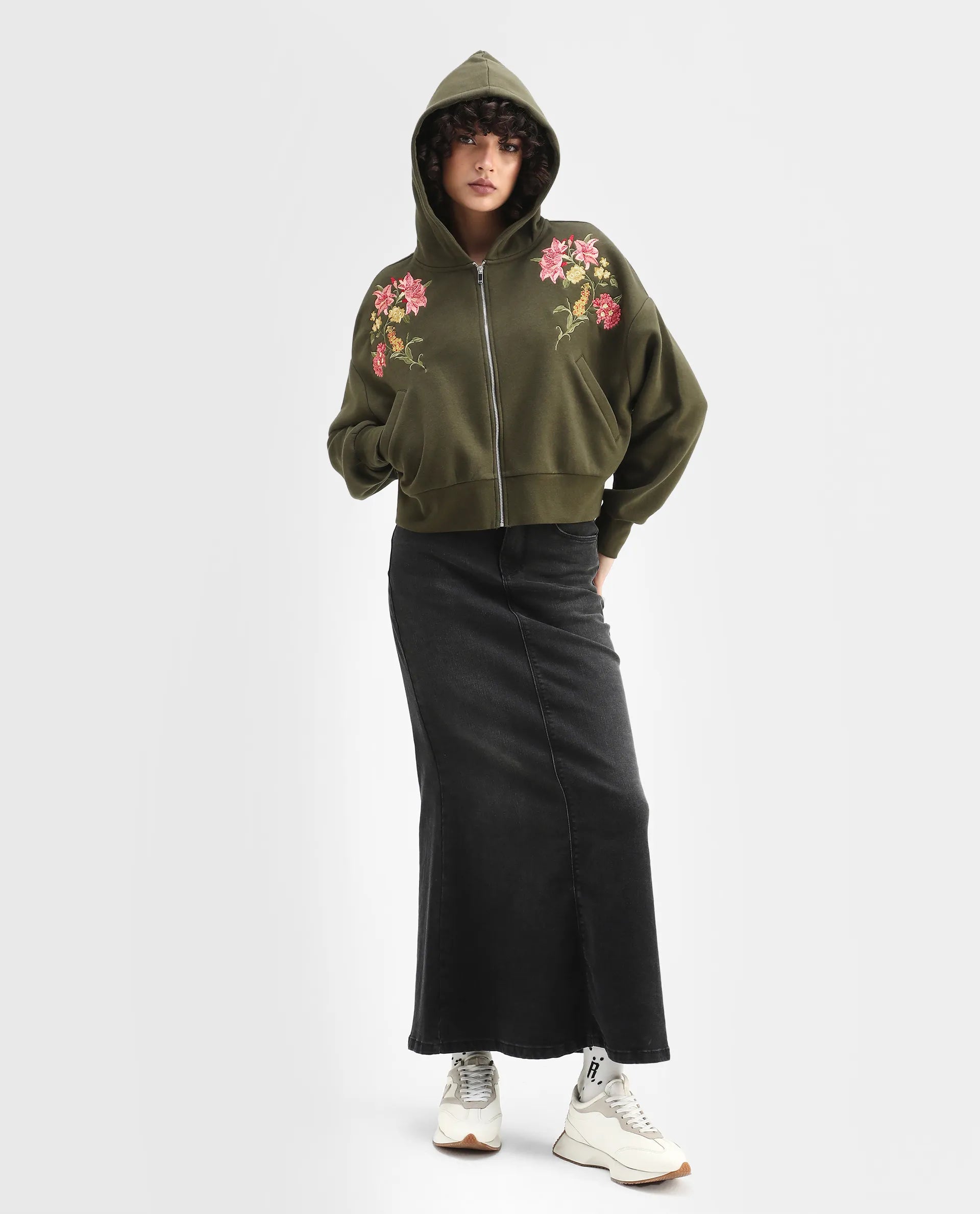 Rareism Women's Klio Dark Olive Cotton Blend Hooded Oversize Fit Printed Sweatshirt