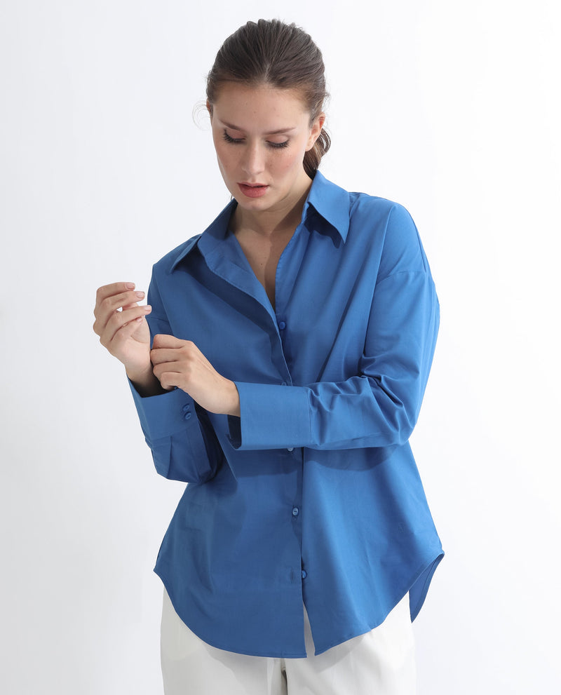 Rareism Women Klox Dark Blue  Cuffed Sleeve Shirt Collar Solid Shirt