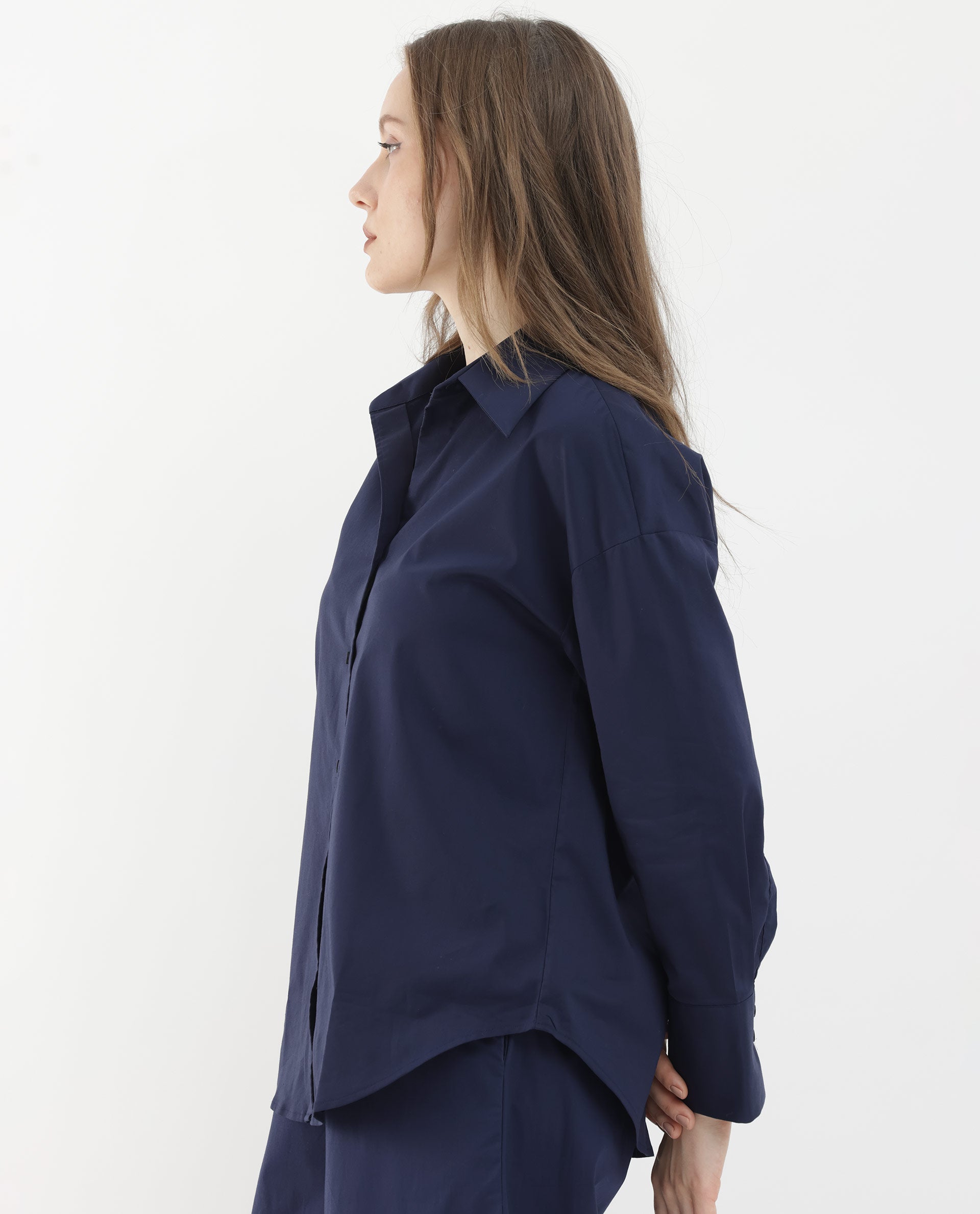 Rareism Women Klox Navy Cuffed Sleeve Shirt Collar Solid Shirt