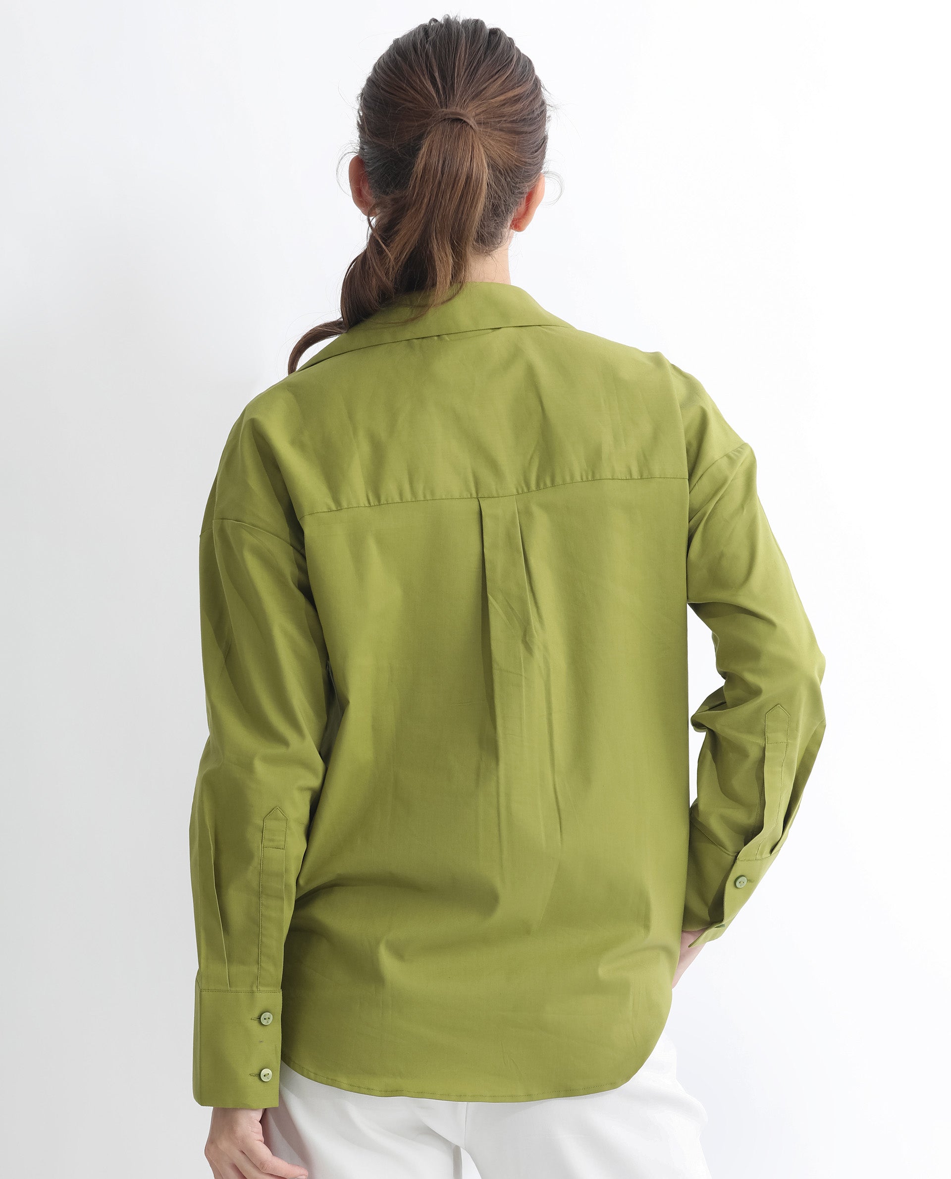 Rareism Women Klox Light Olive  Cuffed Sleeve Shirt Collar Solid Shirt