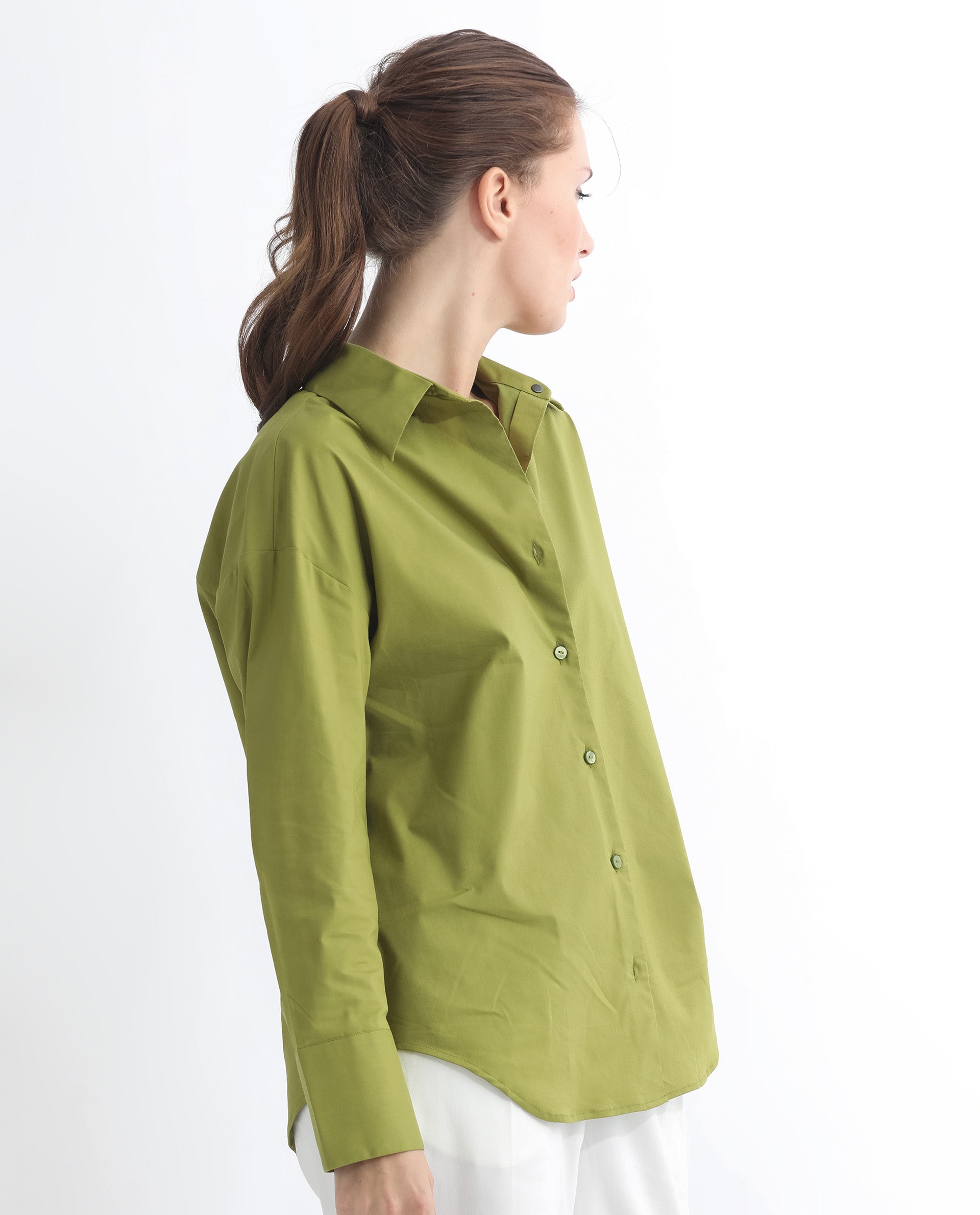 Rareism Women Klox Light Olive  Cuffed Sleeve Shirt Collar Solid Shirt