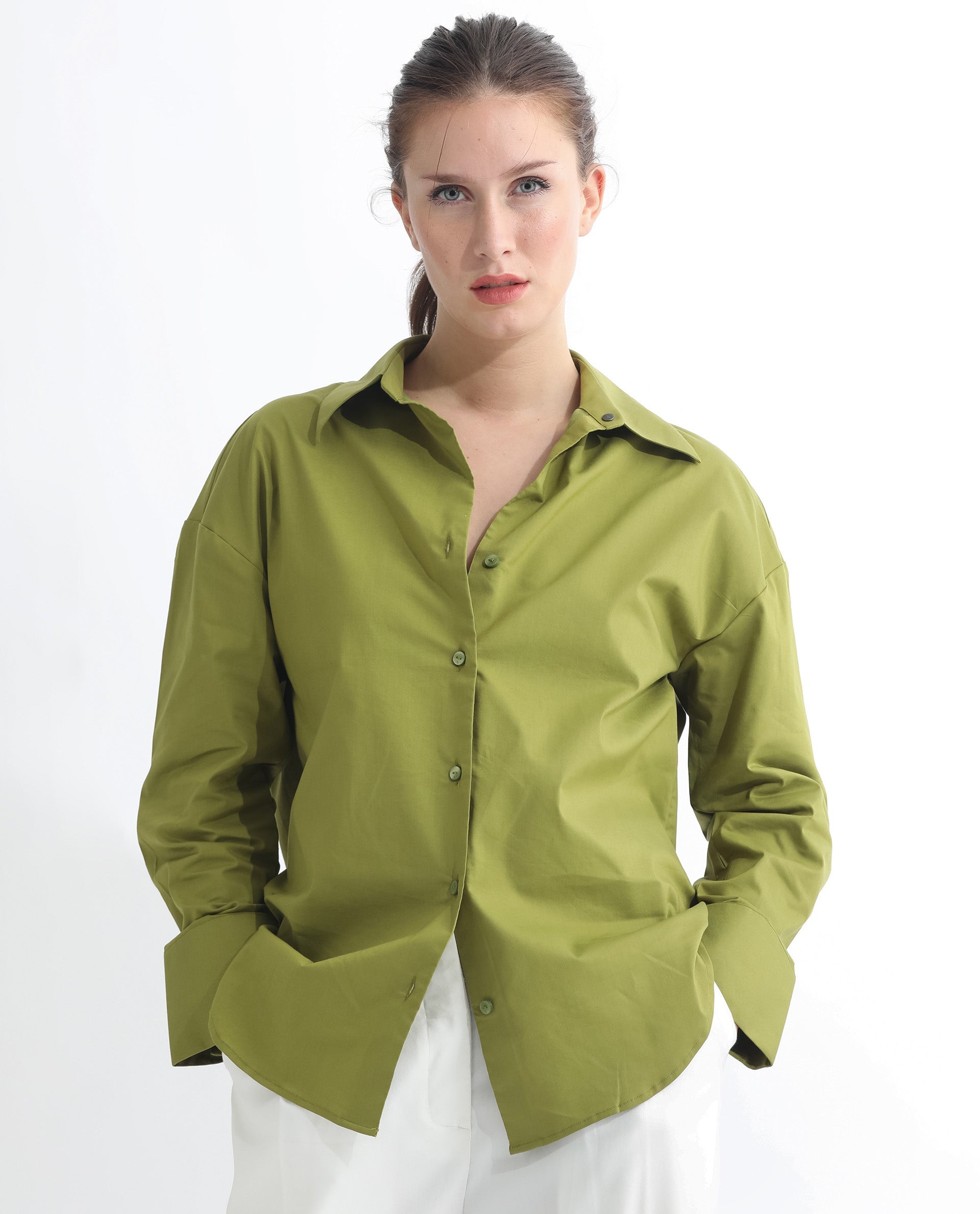 Rareism Women Klox Light Olive  Cuffed Sleeve Shirt Collar Solid Shirt