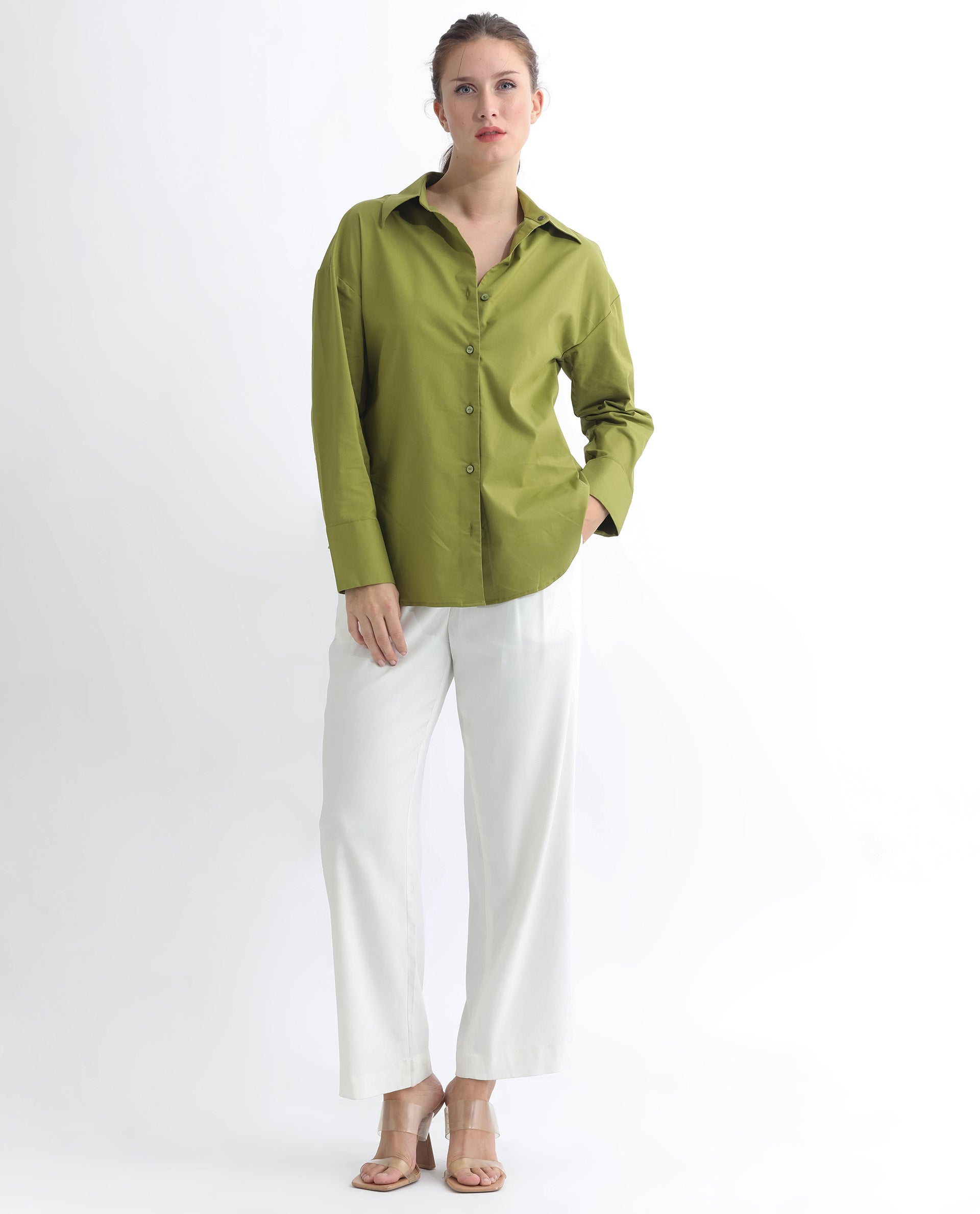 Rareism Women Klox Light Olive  Cuffed Sleeve Shirt Collar Solid Shirt