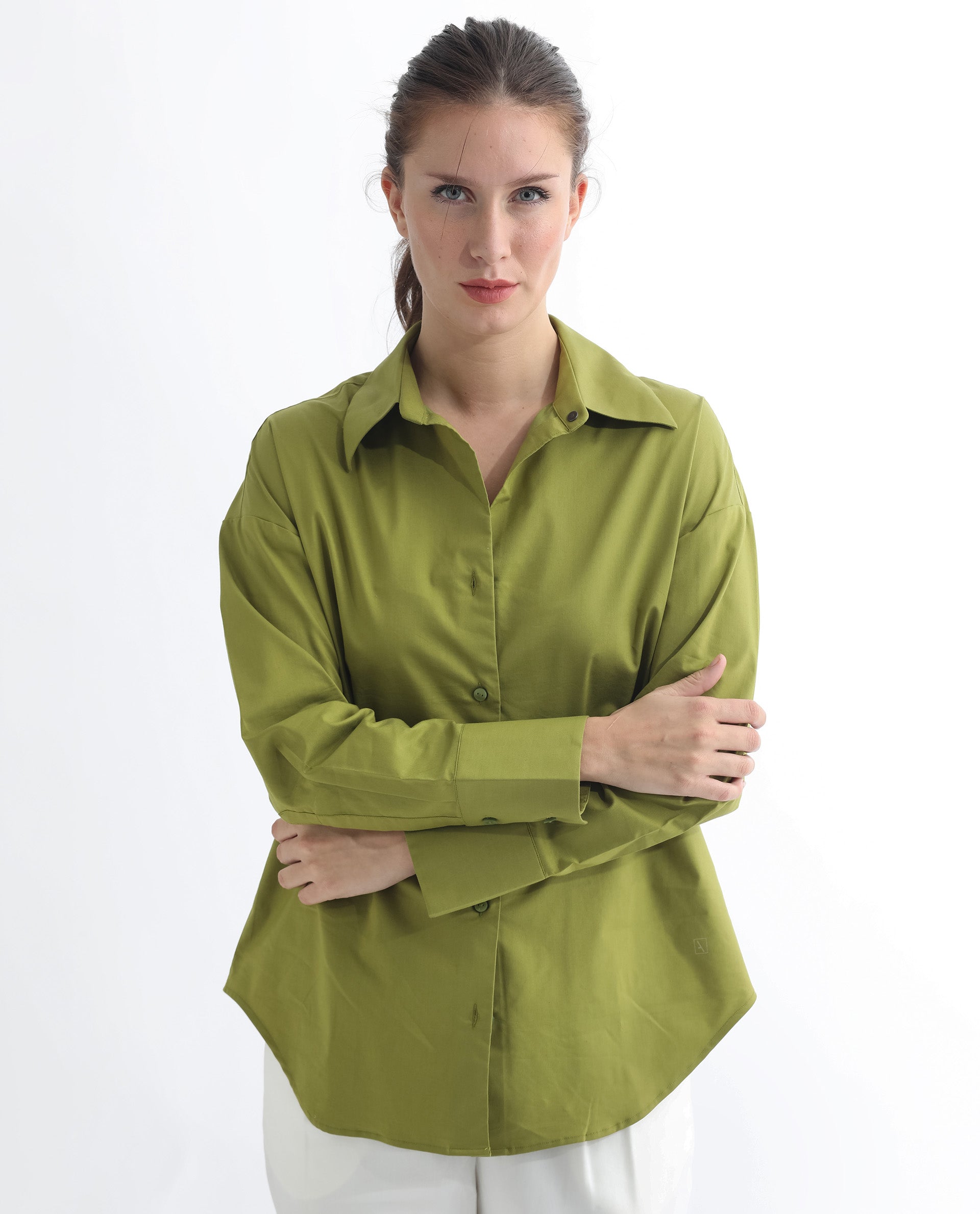 Rareism Women Klox Light Olive  Cuffed Sleeve Shirt Collar Solid Shirt
