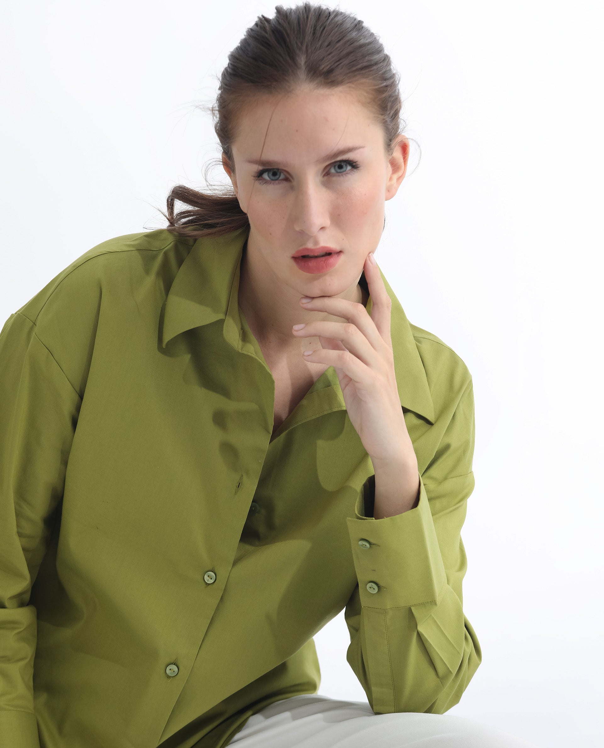 Rareism Women Klox Light Olive  Cuffed Sleeve Shirt Collar Solid Shirt
