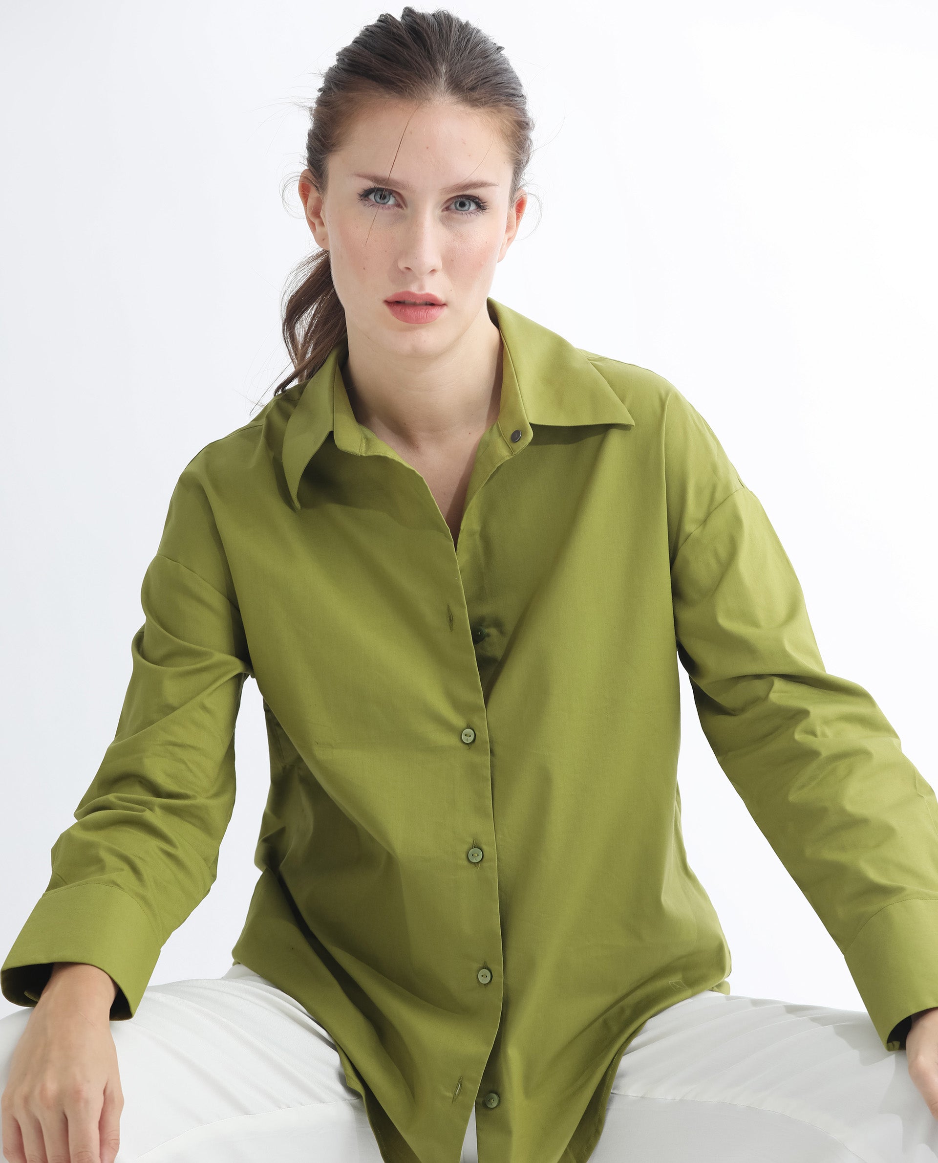 Rareism Women Klox Light Olive  Cuffed Sleeve Shirt Collar Solid Shirt
