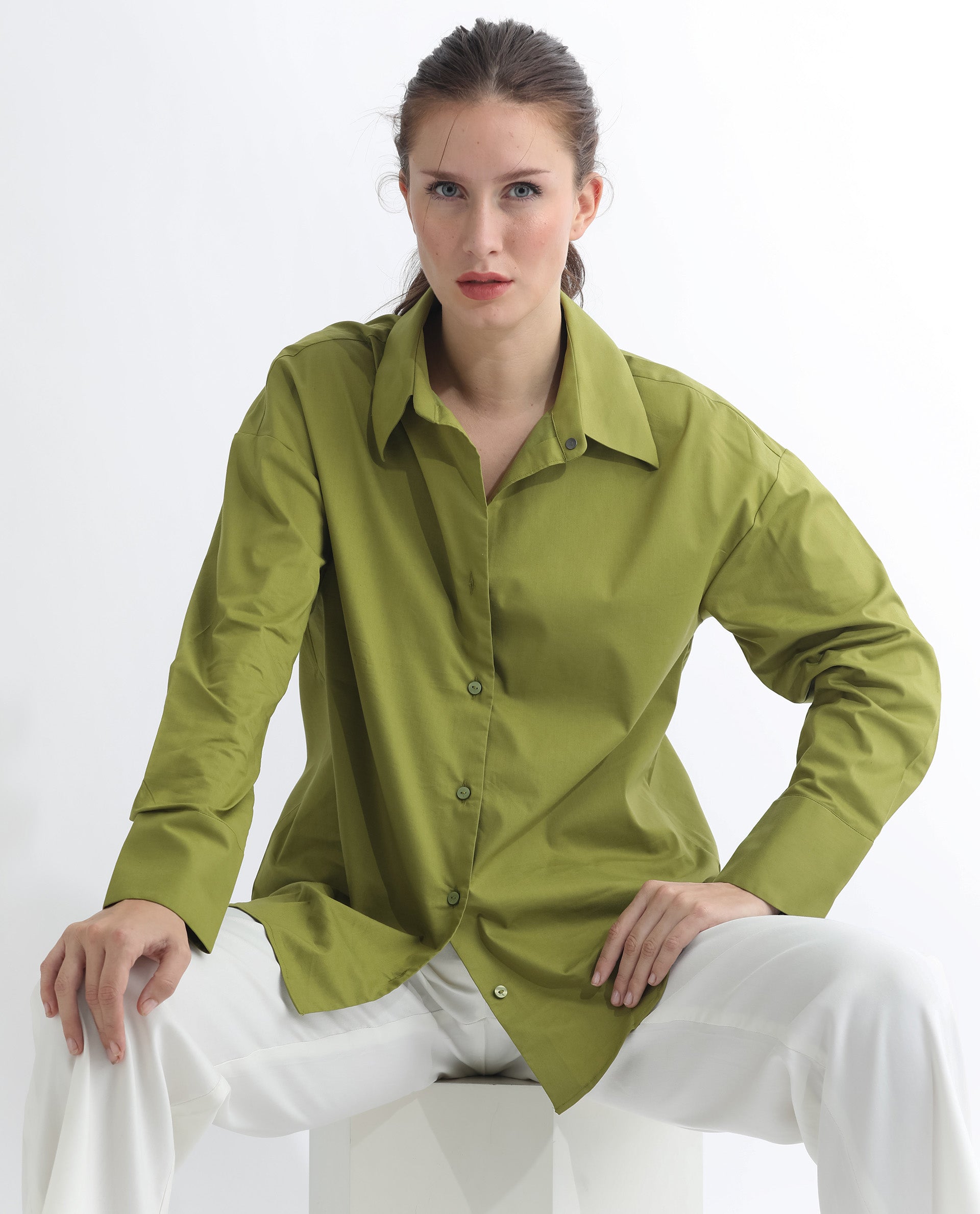Rareism Women Klox Light Olive  Cuffed Sleeve Shirt Collar Solid Shirt