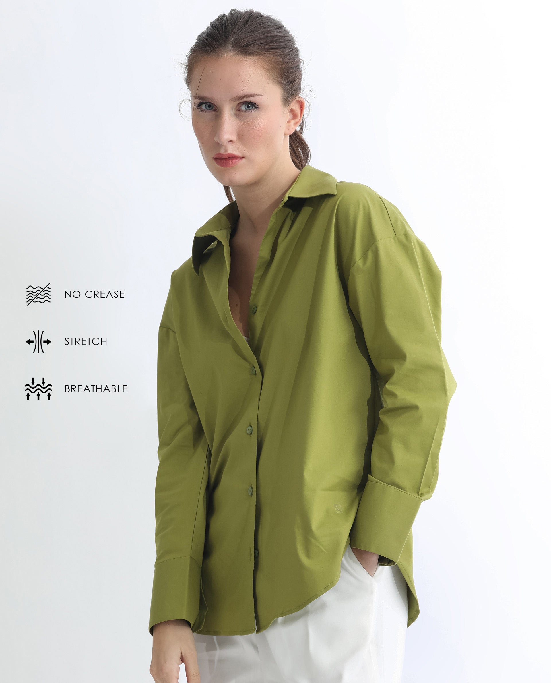 Rareism Women Klox Light Olive  Cuffed Sleeve Shirt Collar Solid Shirt