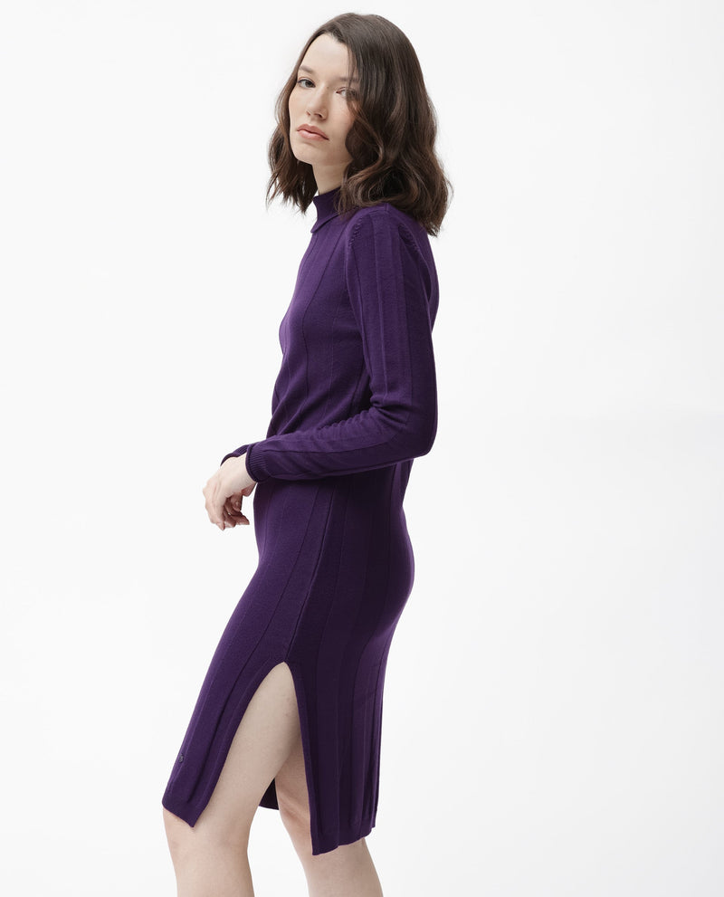 Rareism Women Knitka Purple Cotton Fabric Full Sleeves Turtle Neck Regular Fit Striped Knee Length Sweater