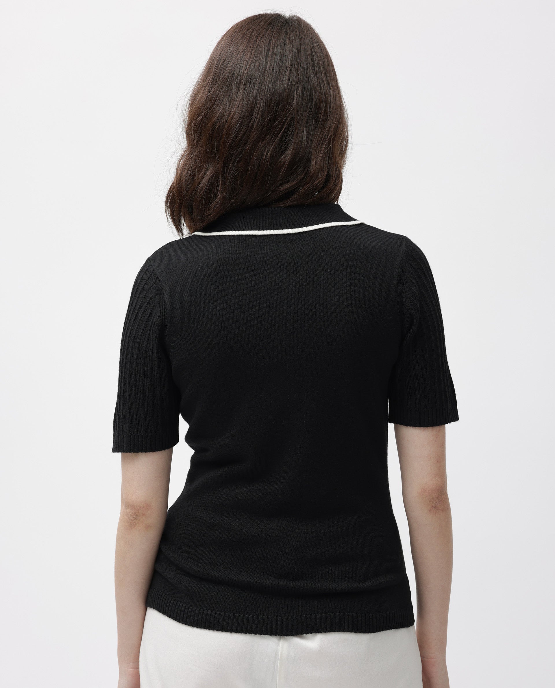 Rareism Women's Knitup Black Cotton Spread Collar Plain Regular Fit Sweater